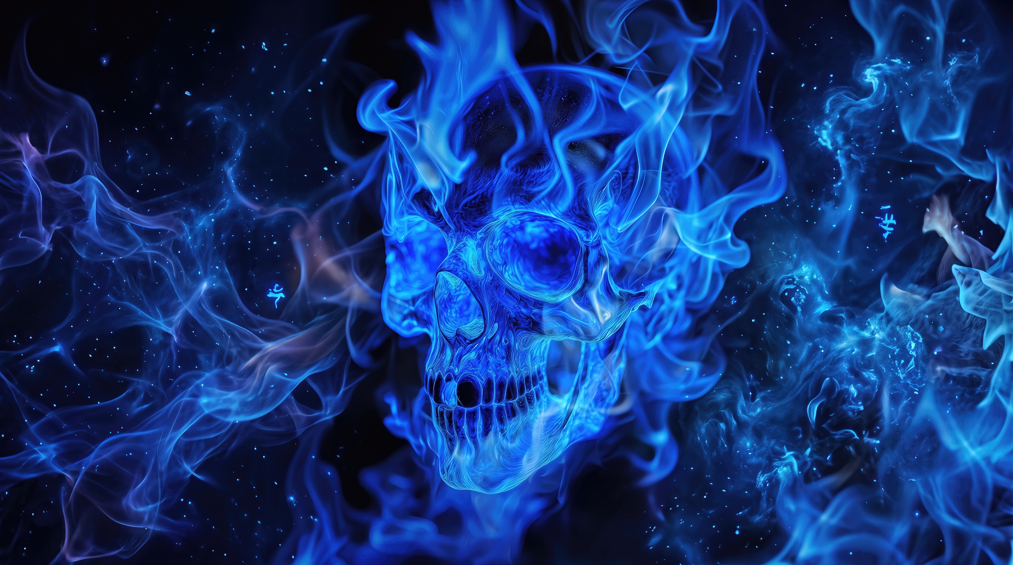 Free photo The human skull is completely engulfed by fierce tongues of mystical blue flame in the dark abyss.