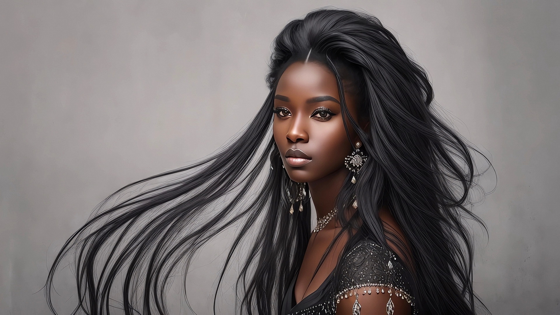 Free photo Portrait of a black girl with long black hair on a gray background