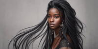 Portrait of a black girl with long black hair on a gray background