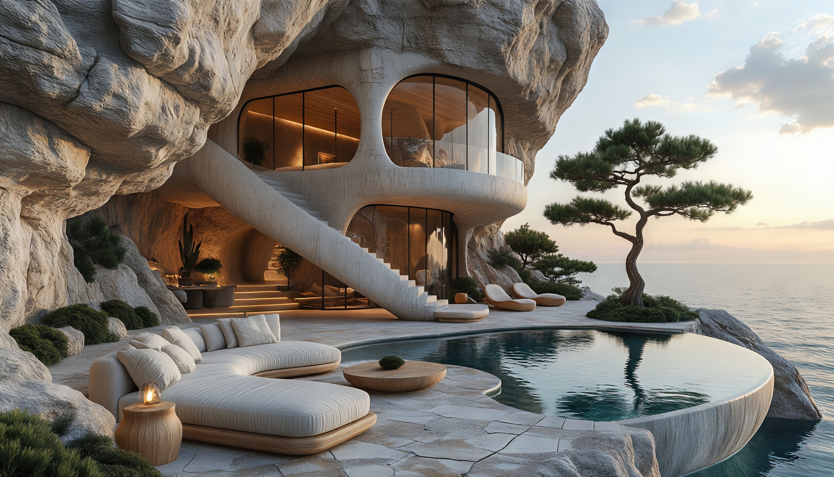 Бесплатное фото Современный дом в скале с панорамными окнами, бассейном и зоной отдыха, гармонично вписанный в природу.