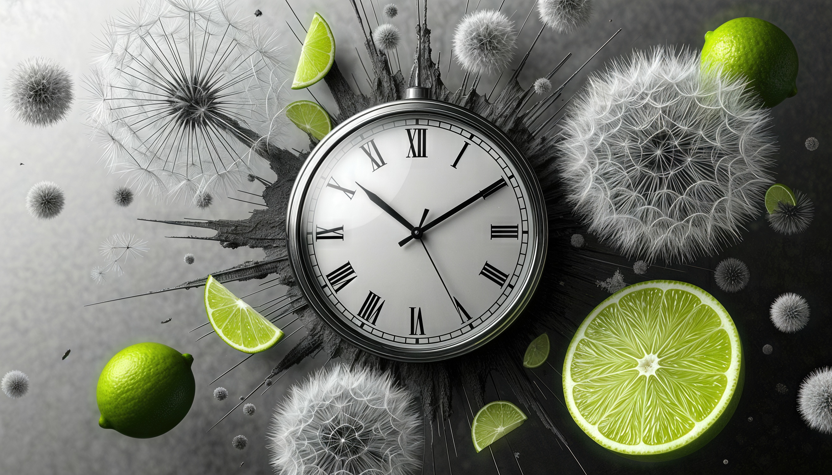 Сюрреалистическая картина с часами с римскими цифрами на циферблате, одуванчиками, а также плодами лайма.