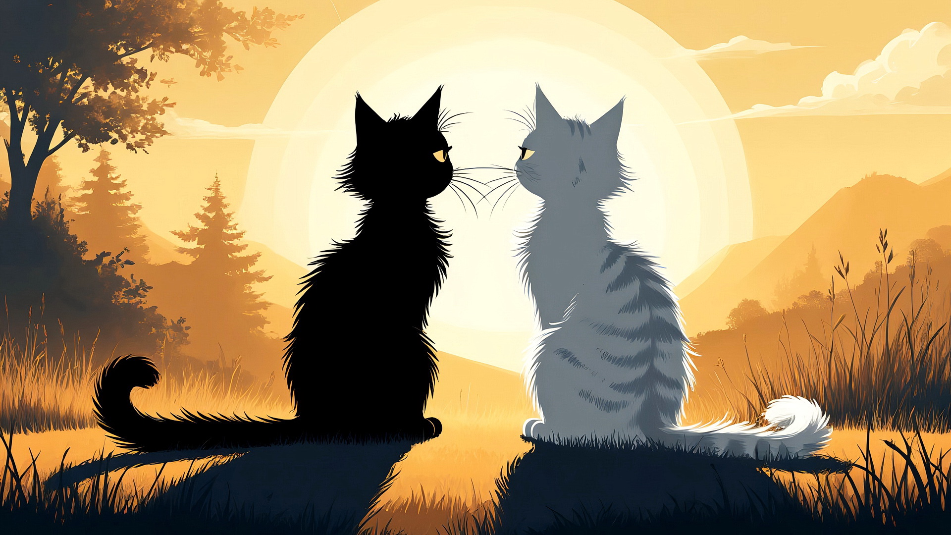 Бесплатное фото Кот и кошка сидят на фоне природы и смотрят на солнце