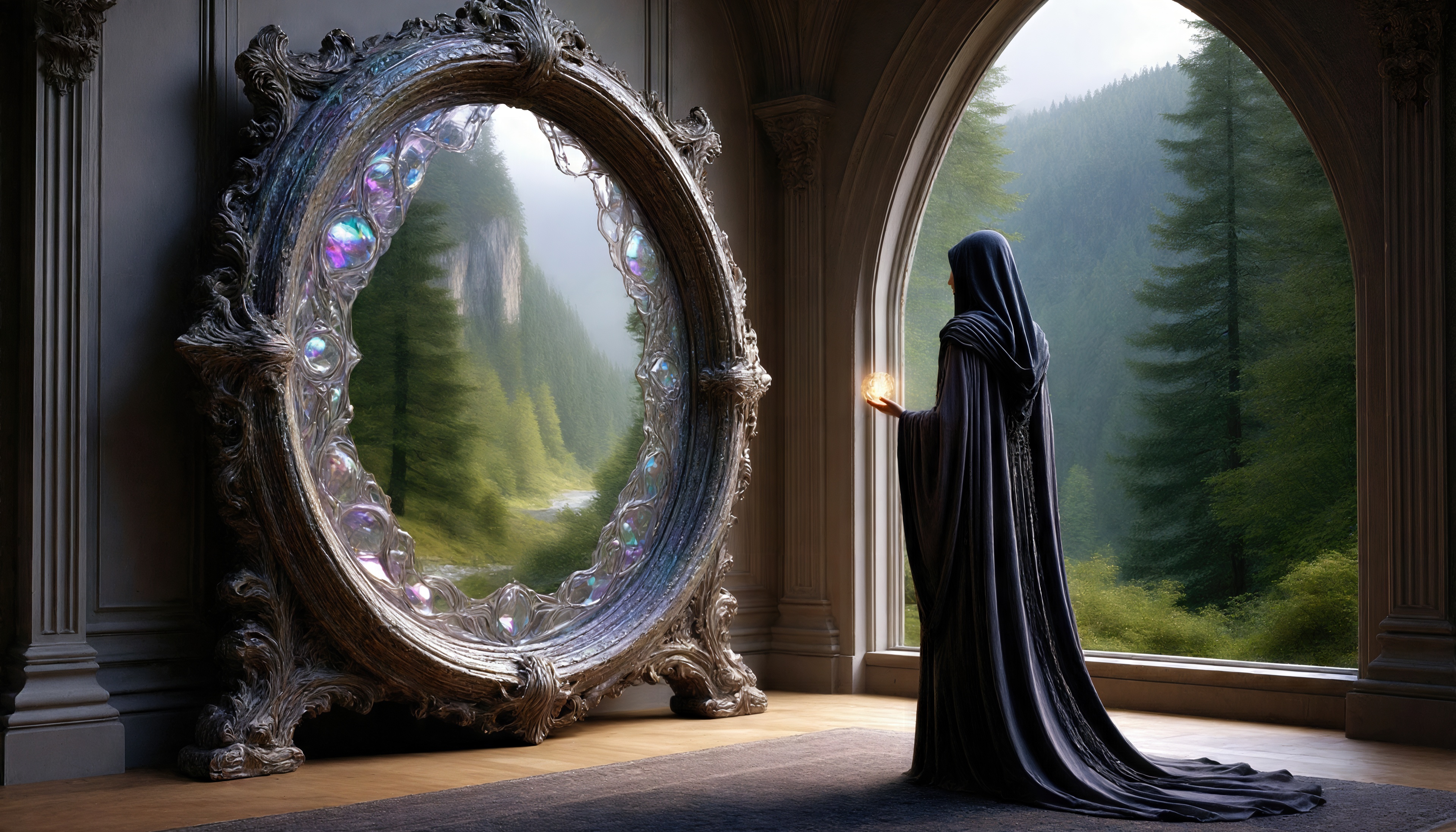 Бесплатное фото Таинственная фигура у окна перед волшебным зеркалом с переливающимися камнями.