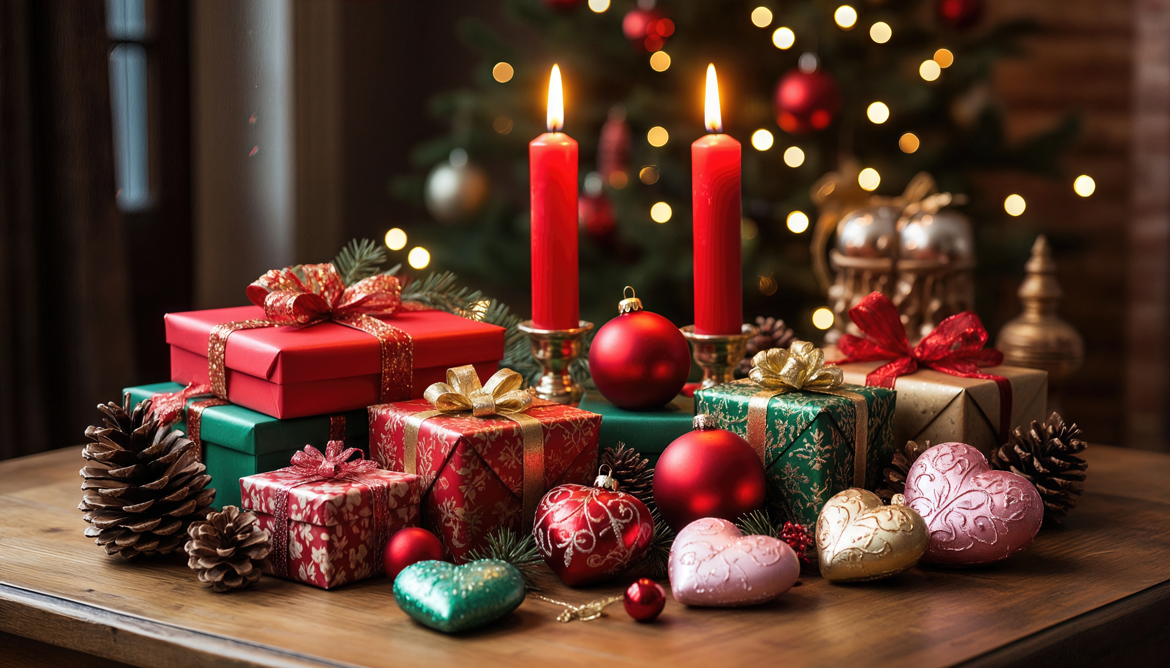 Бесплатное фото Праздничная композиция: подарки, свечи и новогодние украшения на столе.