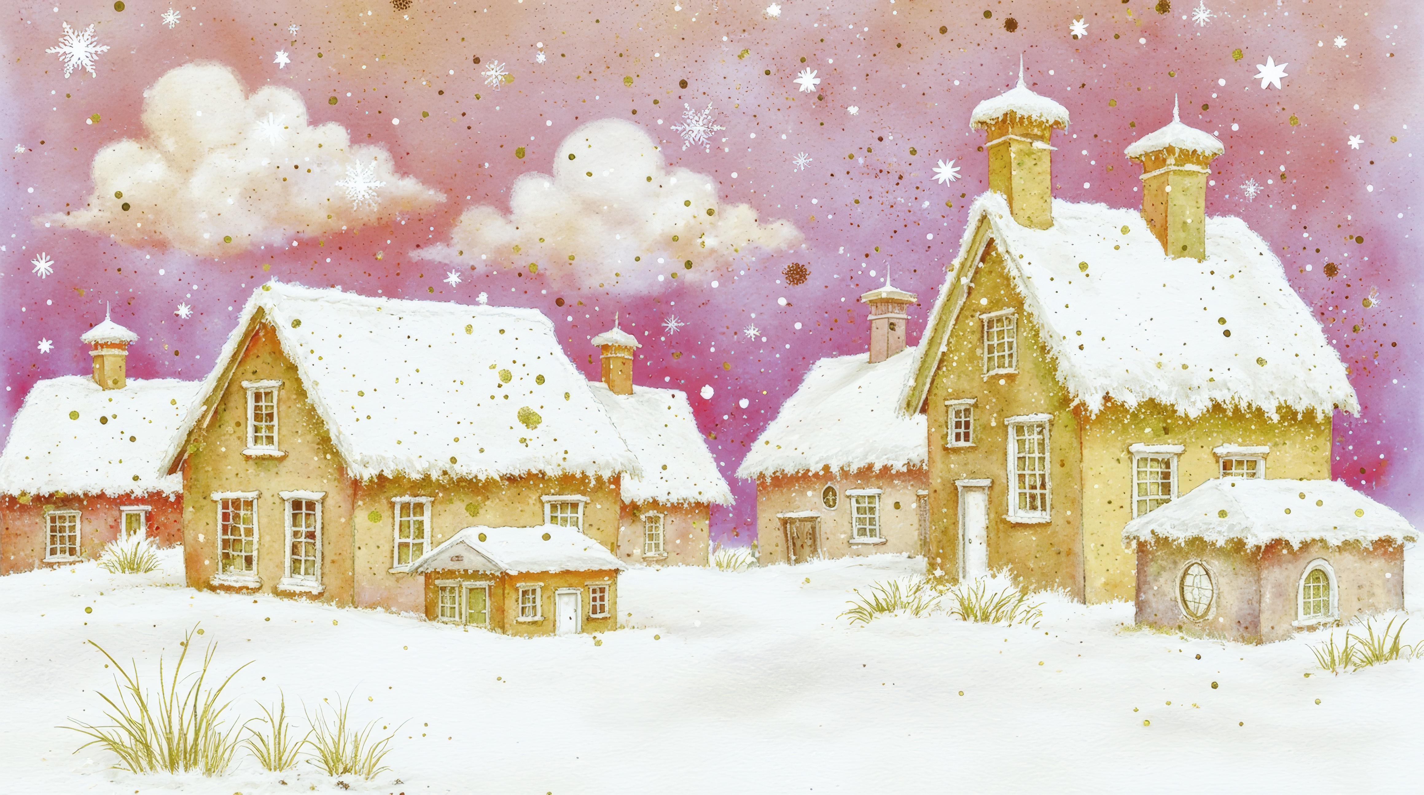 Бесплатное фото Картина, изображающая два маленьких домика, покрытых снегом