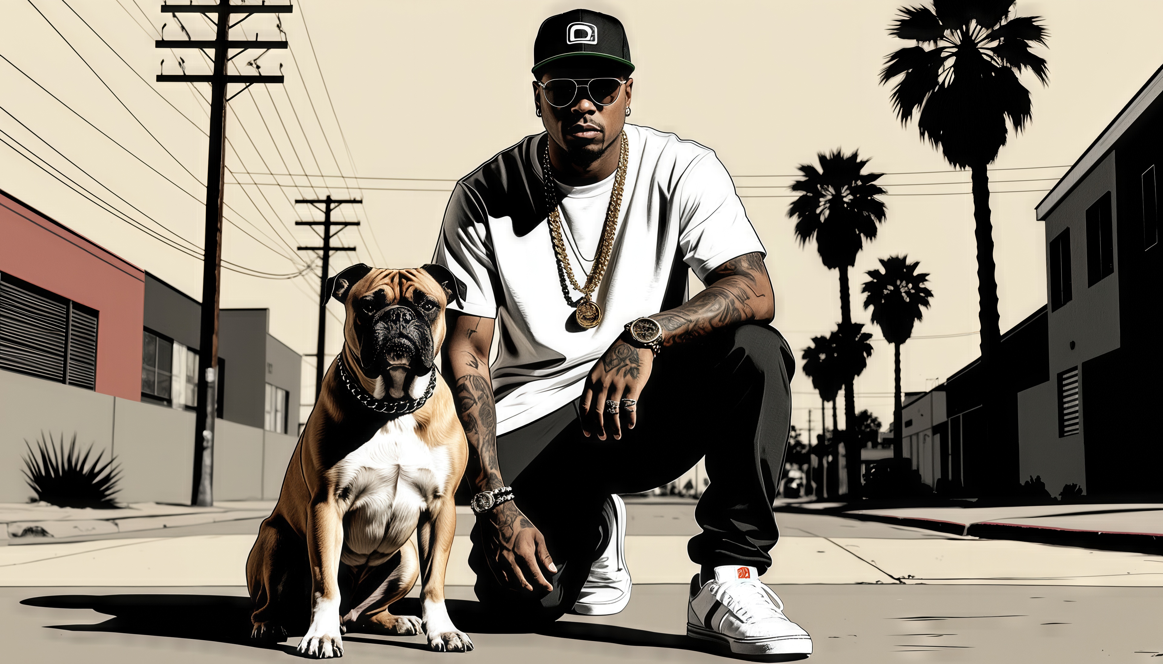 Бесплатное фото Рэпер с боксёром на солнечной улице - стиль и преданность в одном кадре.