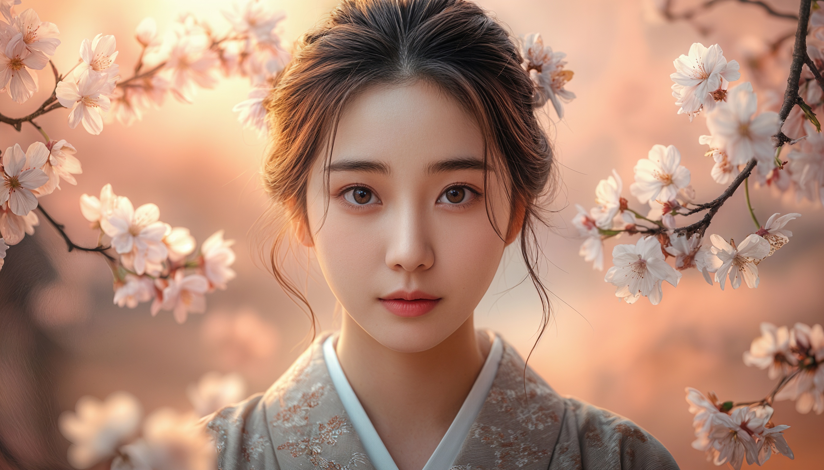 A girl in a kimono against a background of cherry blossoms, symbolizing the Hanami spring festival in Japan.