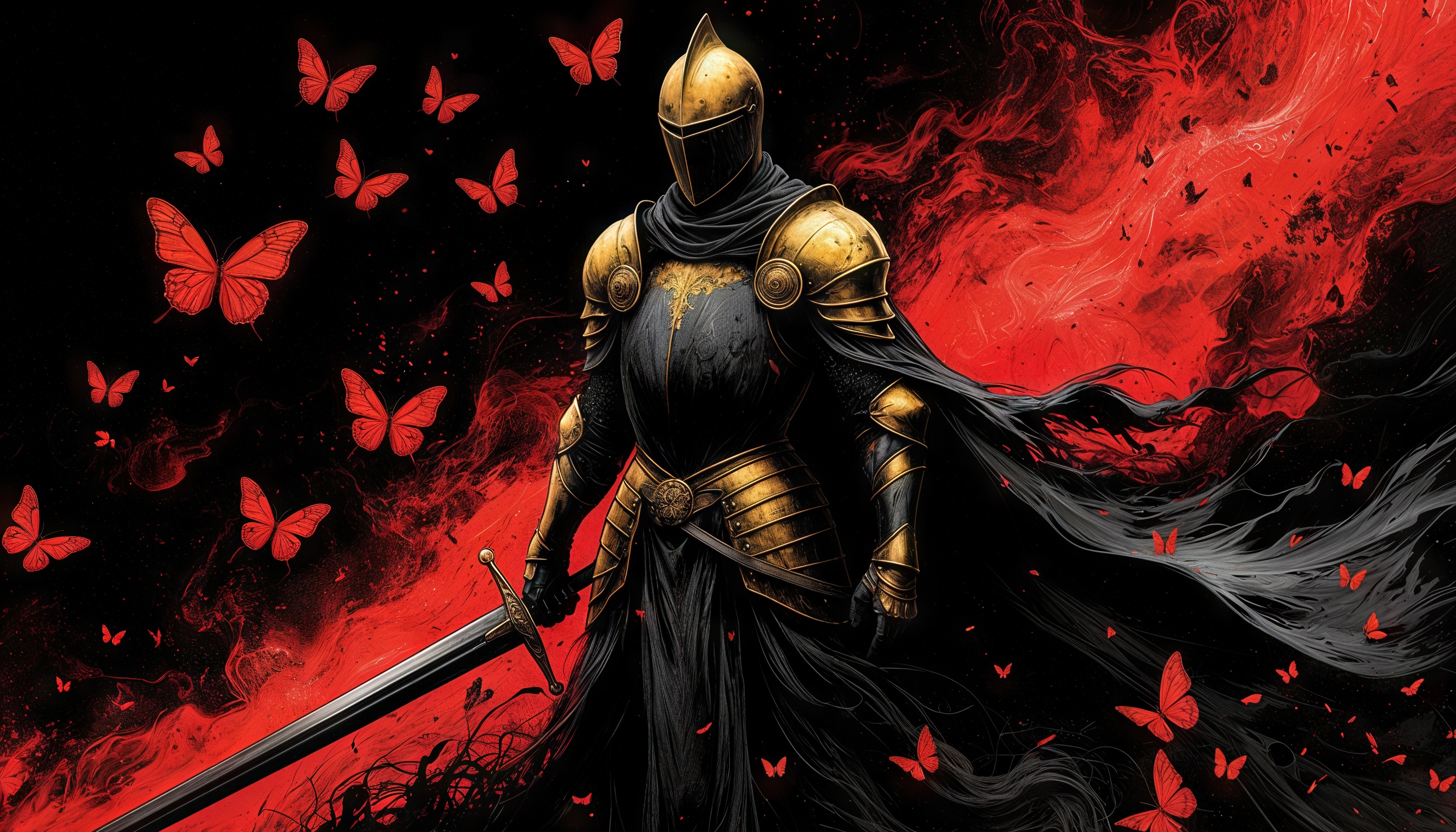 Тёмный рыцарь с мечом на фоне алого вихря и красных бабочек.