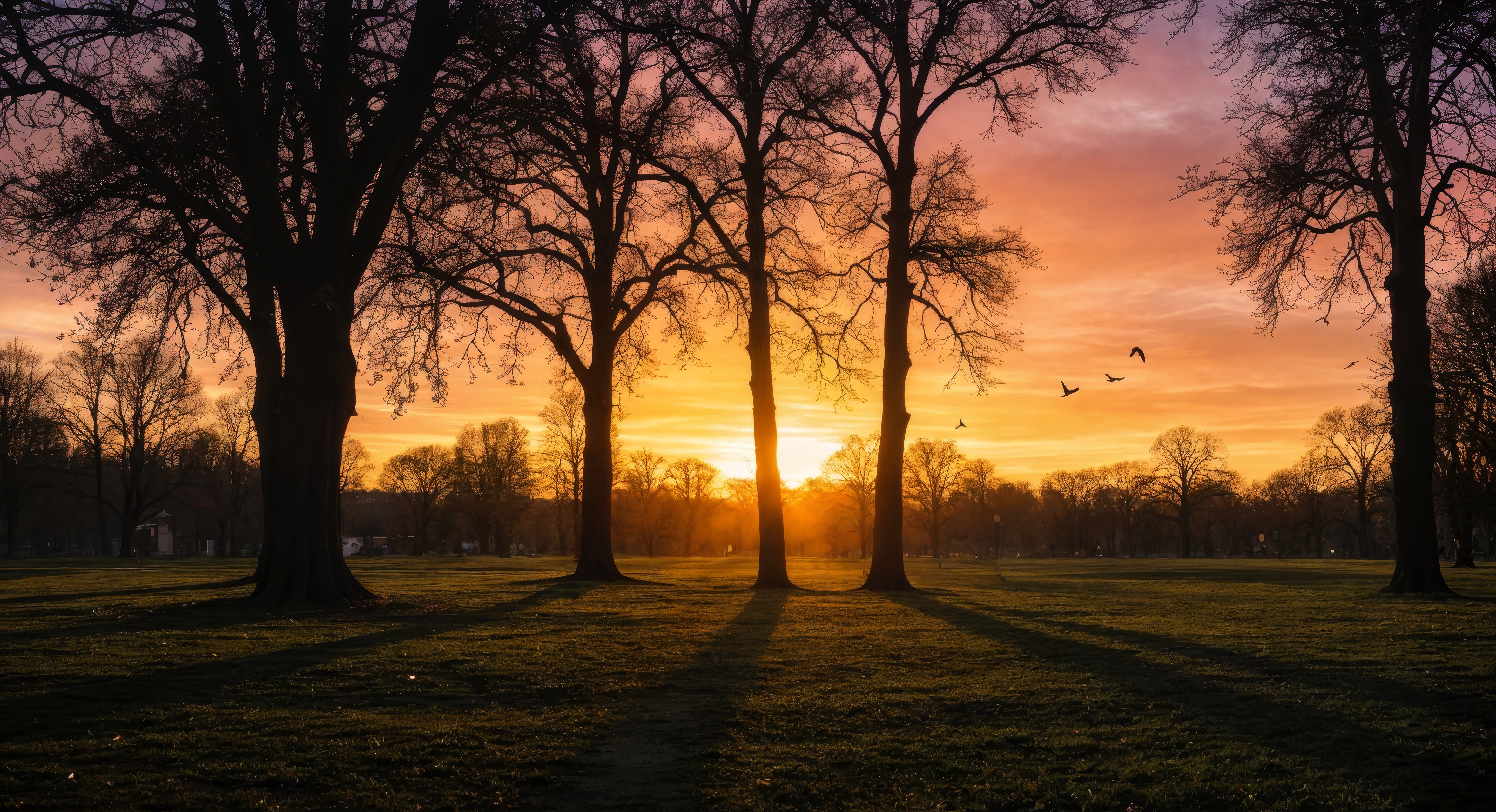 Бесплатное фото Закат за высокими деревьями на лугу