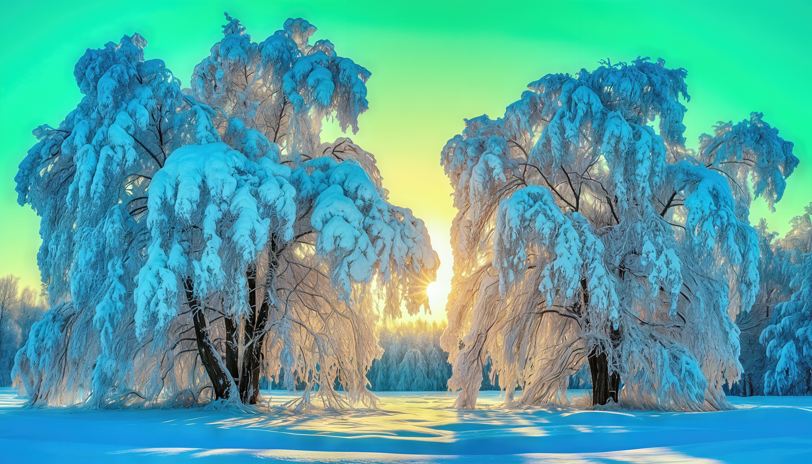 Бесплатное фото Зимний пейзаж с деревьями, покрытыми инеем и снегом, на фоне солнечного неба.