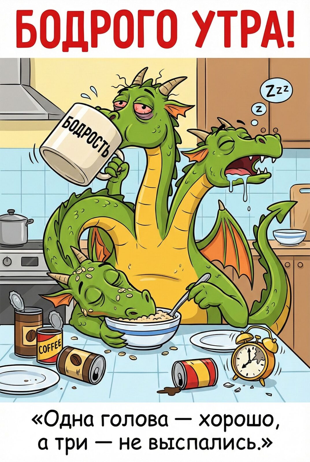 Free postcard Have a good morning: Funny postcard with Snake Gorynych