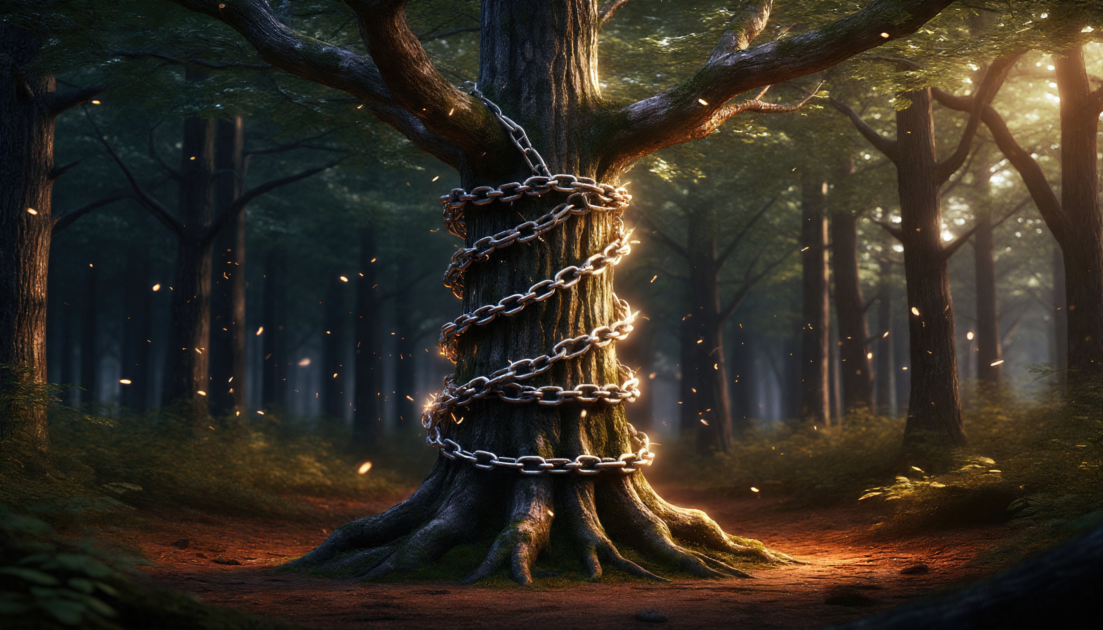 Таинственный лес с деревьями, одно из которых обвито цепью, создавая контраст между природой и искусственным объектом.