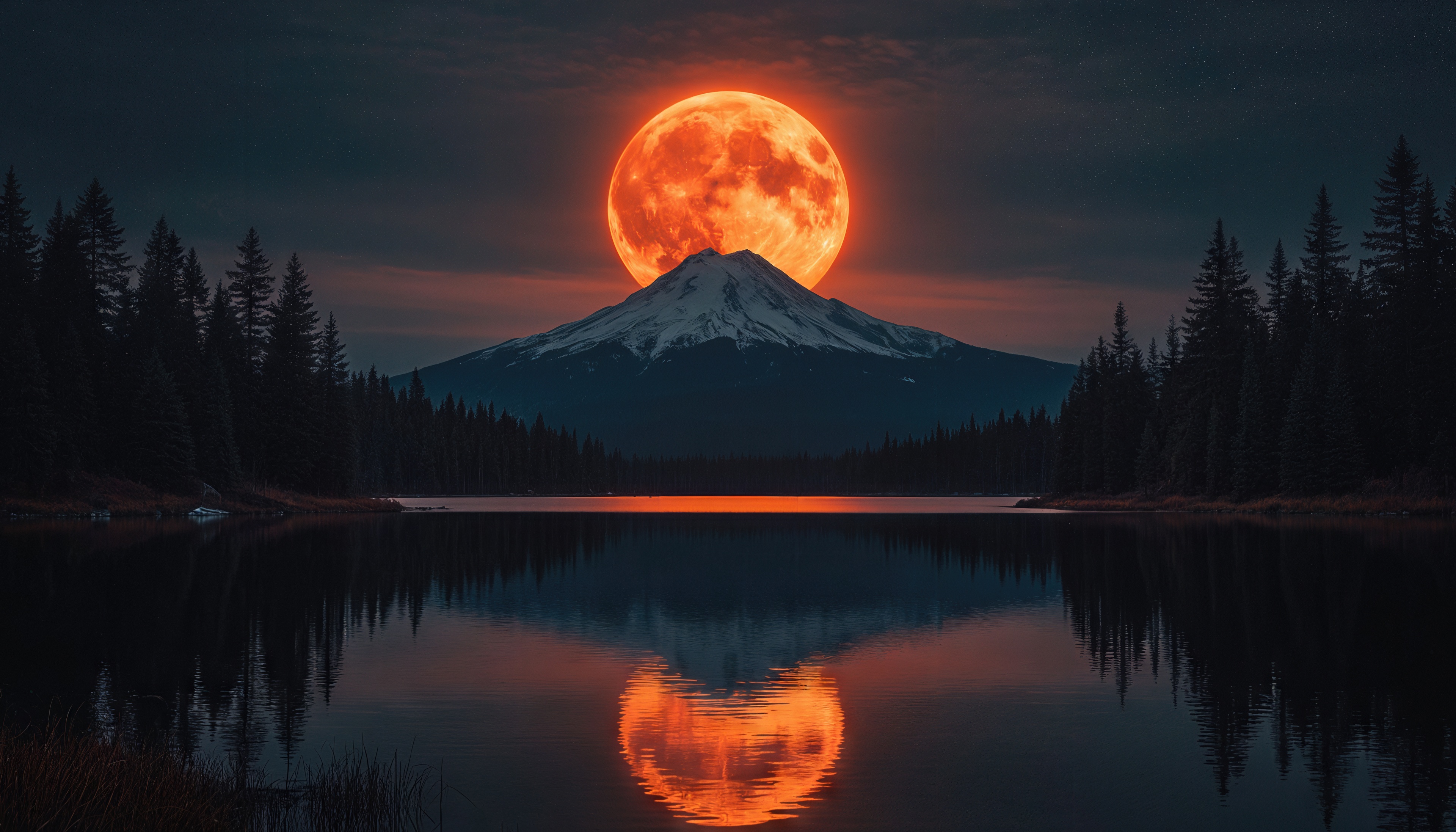 Бесплатное фото Величественная гора под огромной красной луной, отражение в спокойном озере.