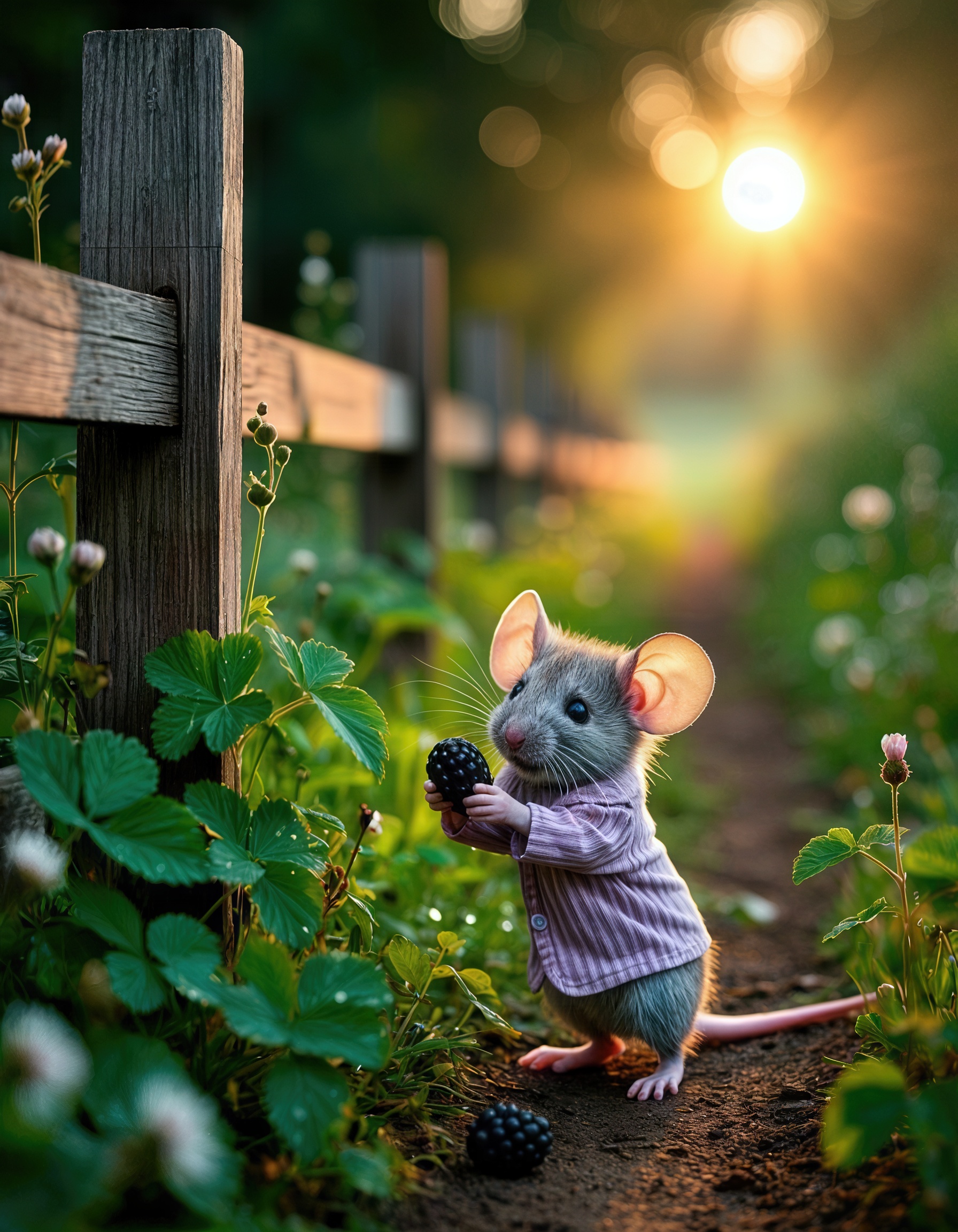 Бесплатное фото Мышь в фиолетовой кофте с пуговицами держит чернику на фоне размытого пейзажа.