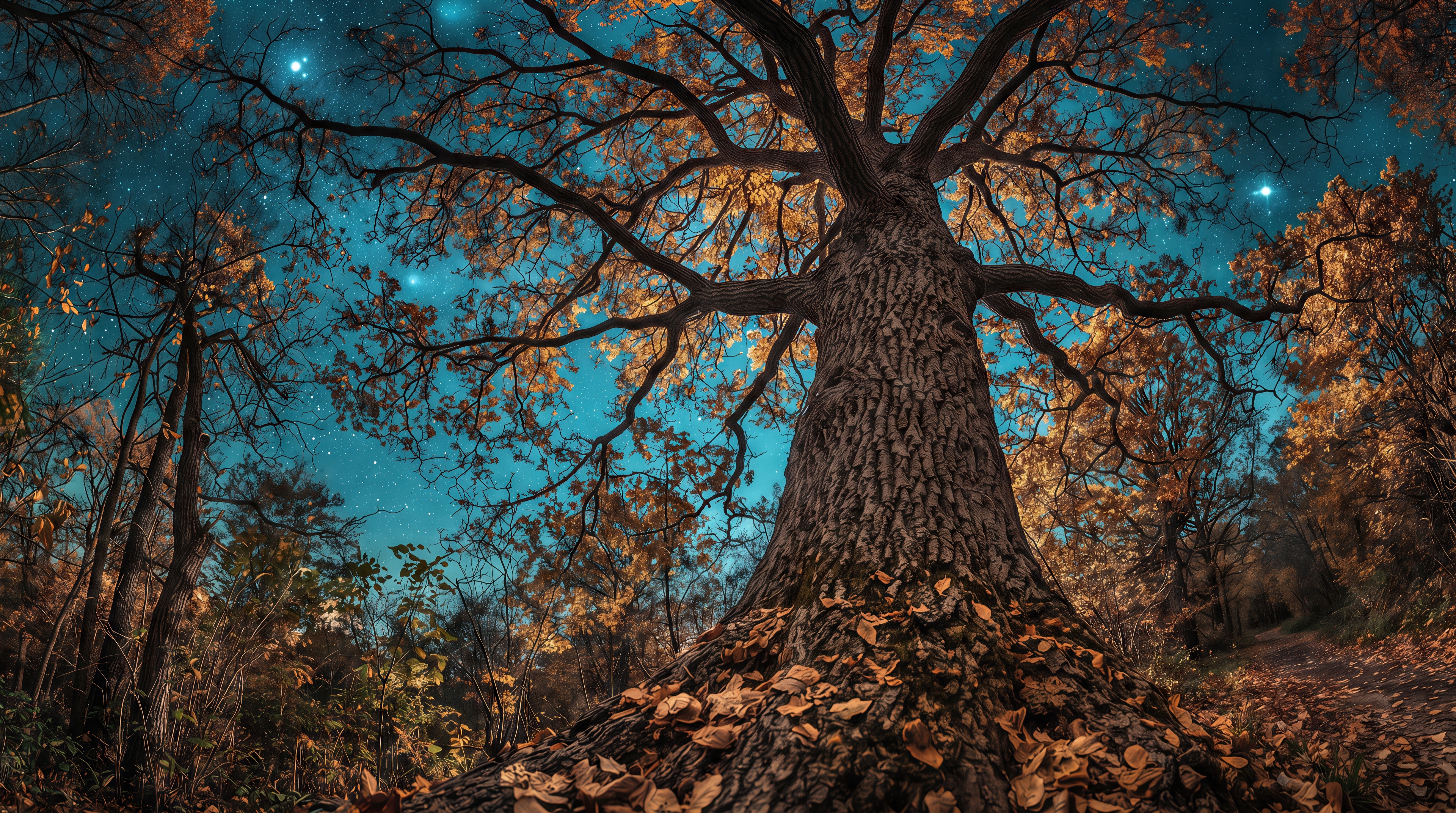 A mighty tree with golden autumn foliage spread its branches under a bright starry sky.