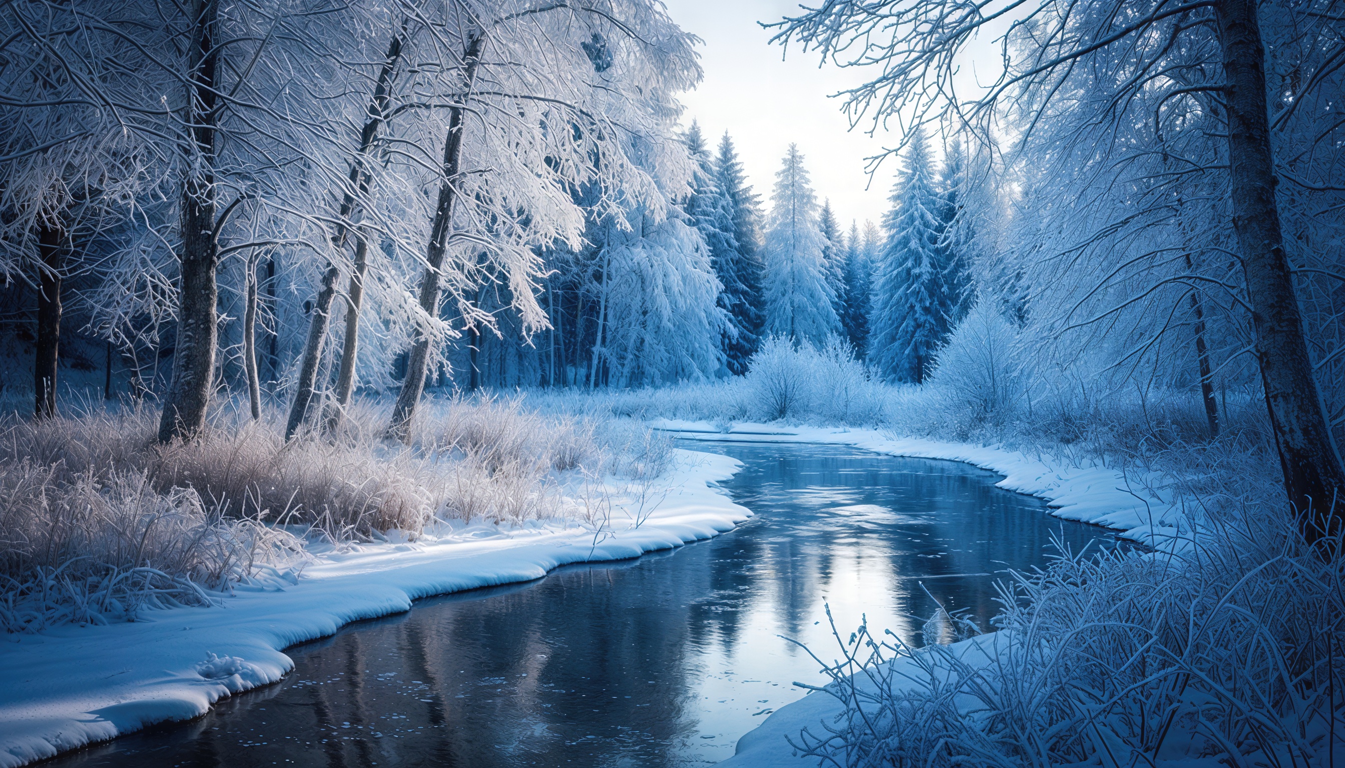 Зимний лес, река, снег, спокойствие.