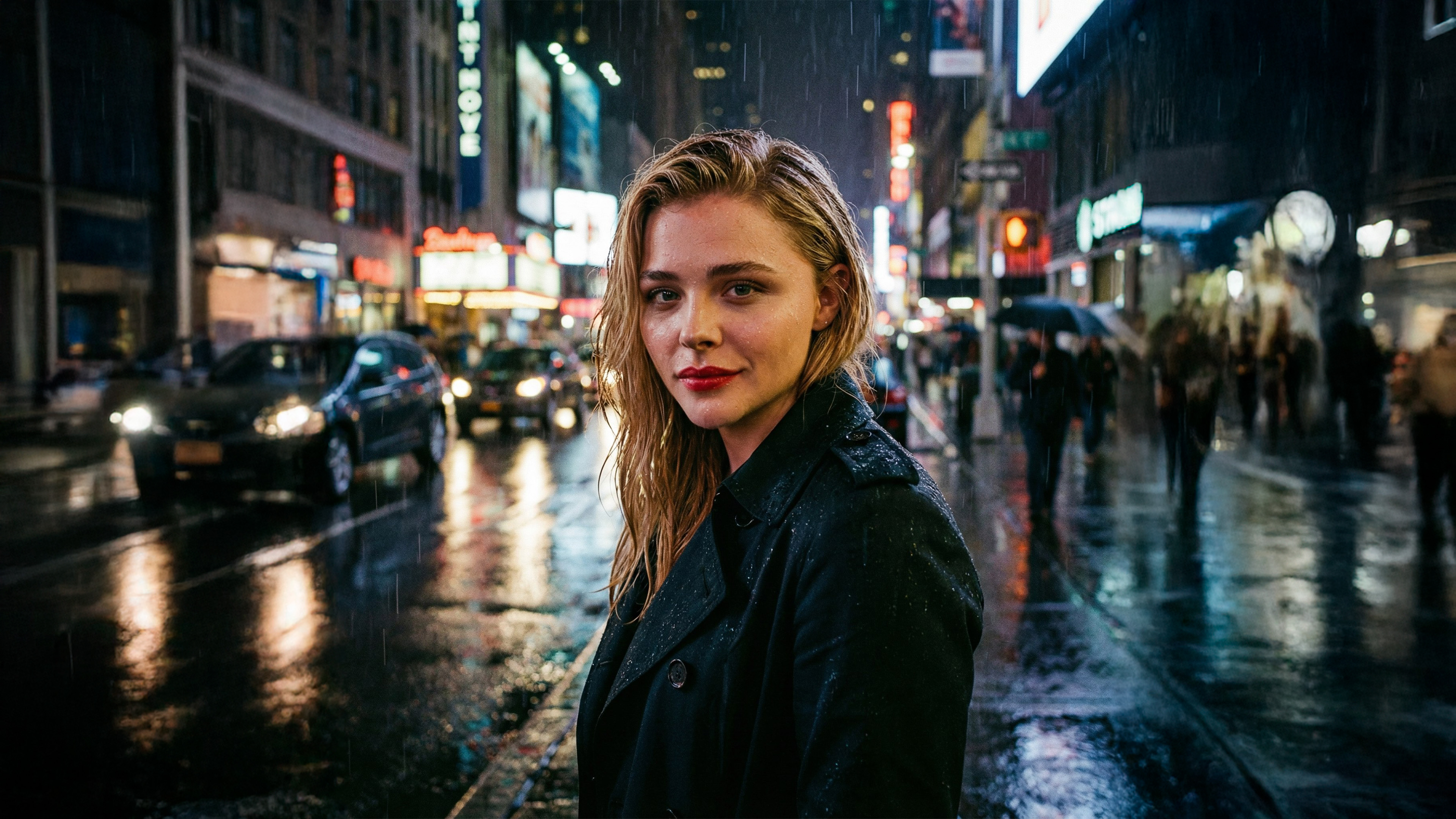 Хлоя Грейс Морец стоит в дождливом вечернем городе