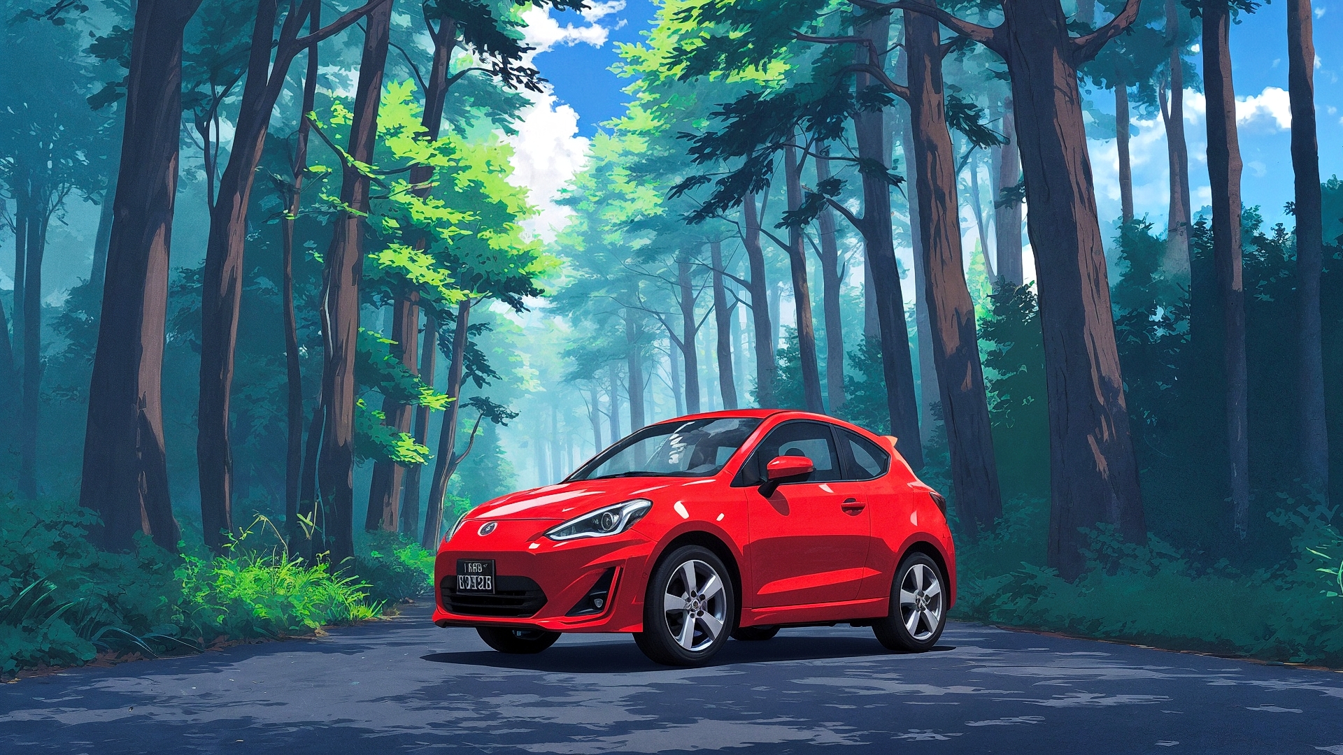 Бесплатное фото Красный автомобиль стоит в лесу на дороге