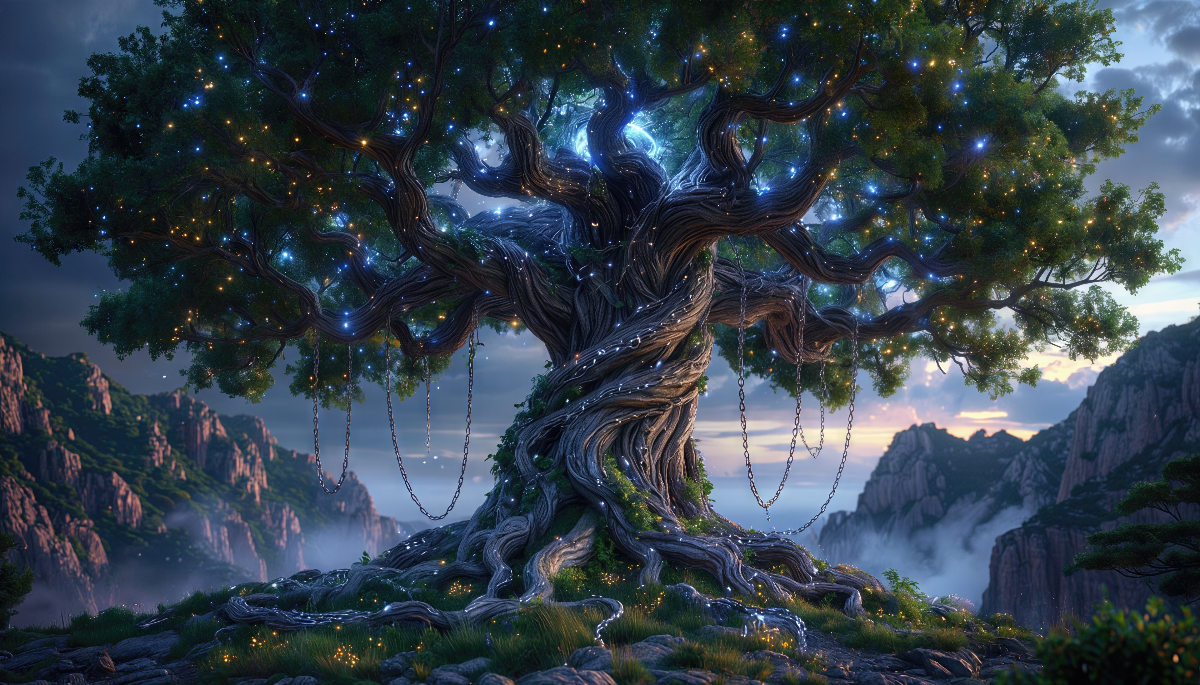 Бесплатное фото Волшебное древо с цепями на ветвях в фантастическом пейзаже.