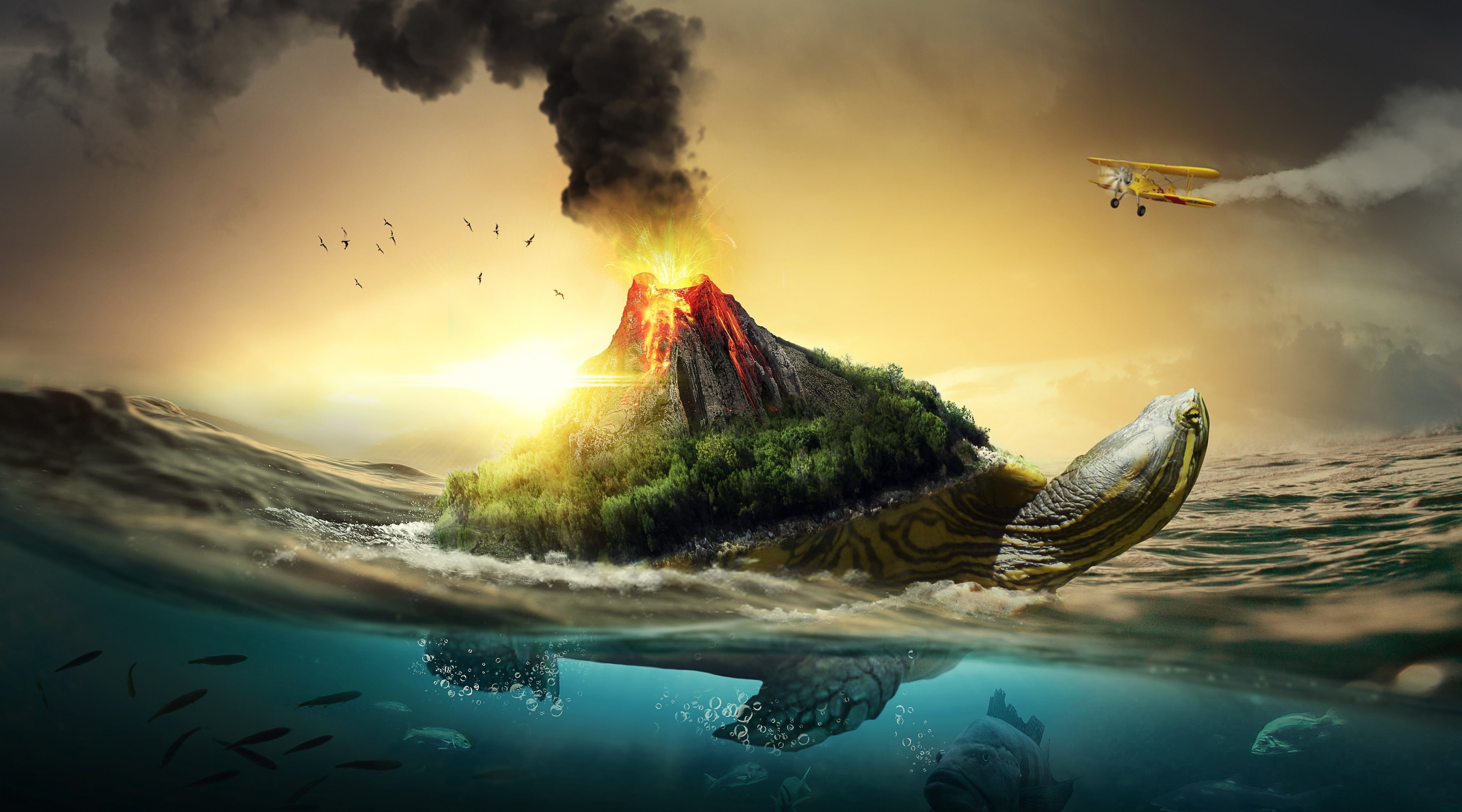 Бесплатное фото Извергающийся вулкан на панцире водной черепахи
