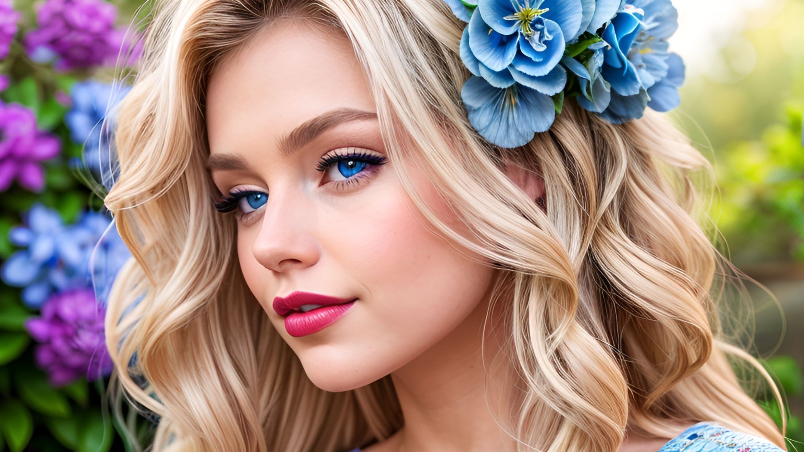 免费照片漂亮的金发女郎，蓝色的眼睛，鲜艳的嘴唇，在花园里搔首弄姿。