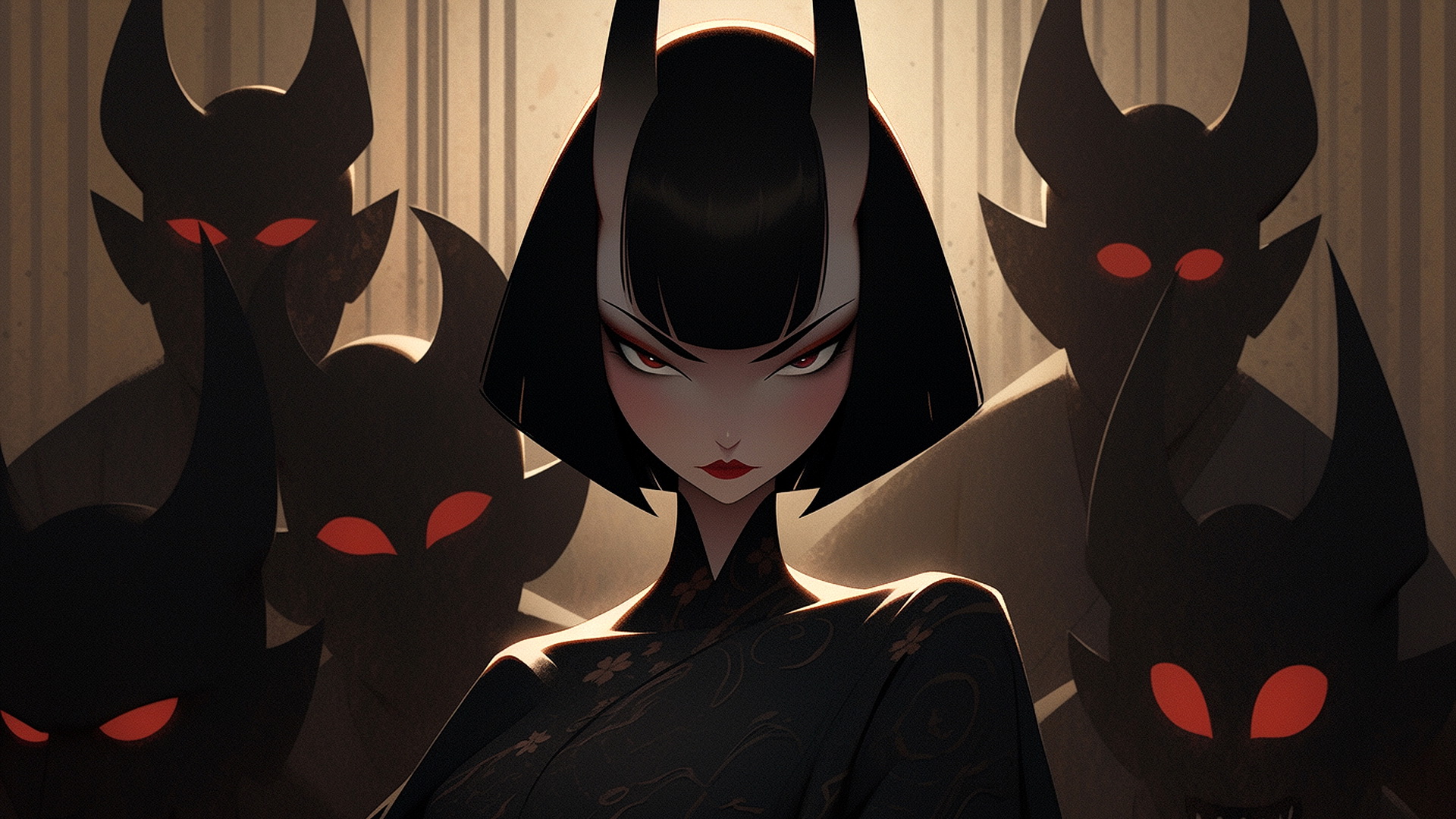 Free photo A drawing of a demon girl surrounded by demons