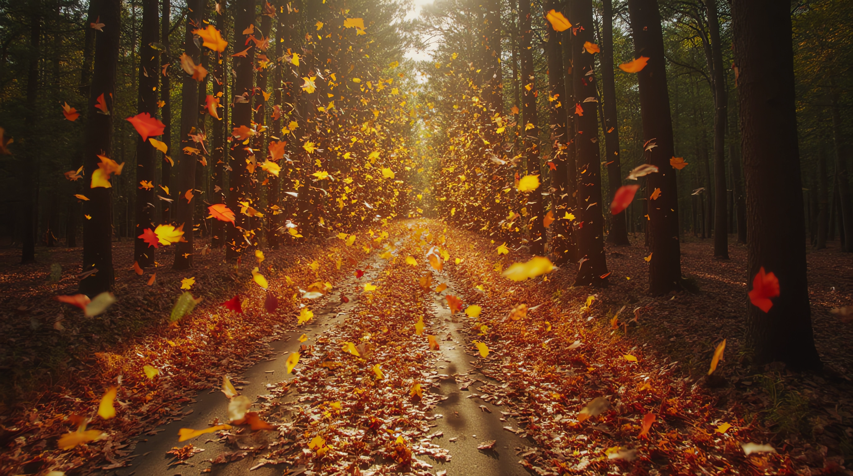 Группа листьев покрывает землю и деревья