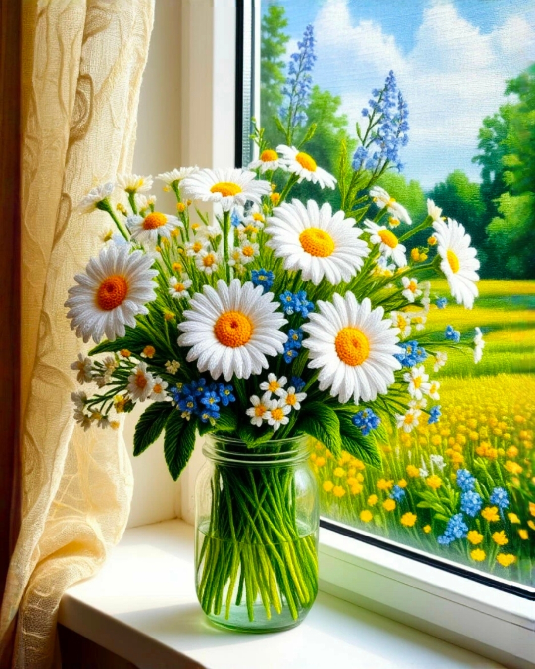 Free photo A bright summer still life with a lush bouquet of wildflowers standing in a glass jar on the windowsill