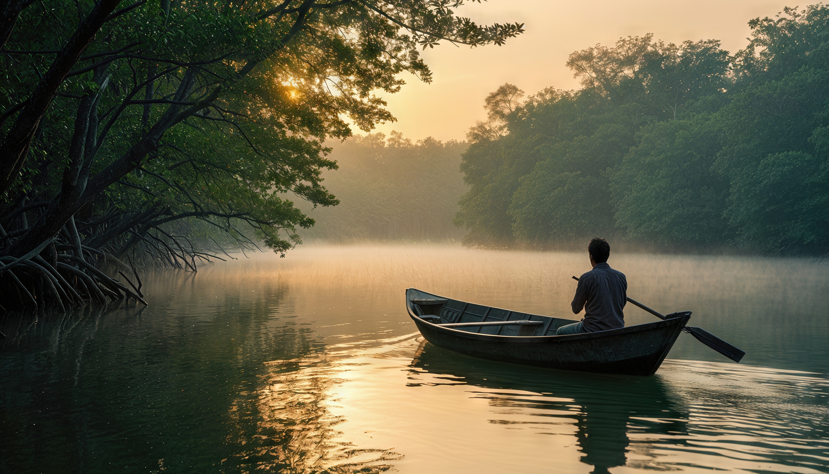 Бесплатное фото Человек в каноэ на реке среди леса на рассвете.