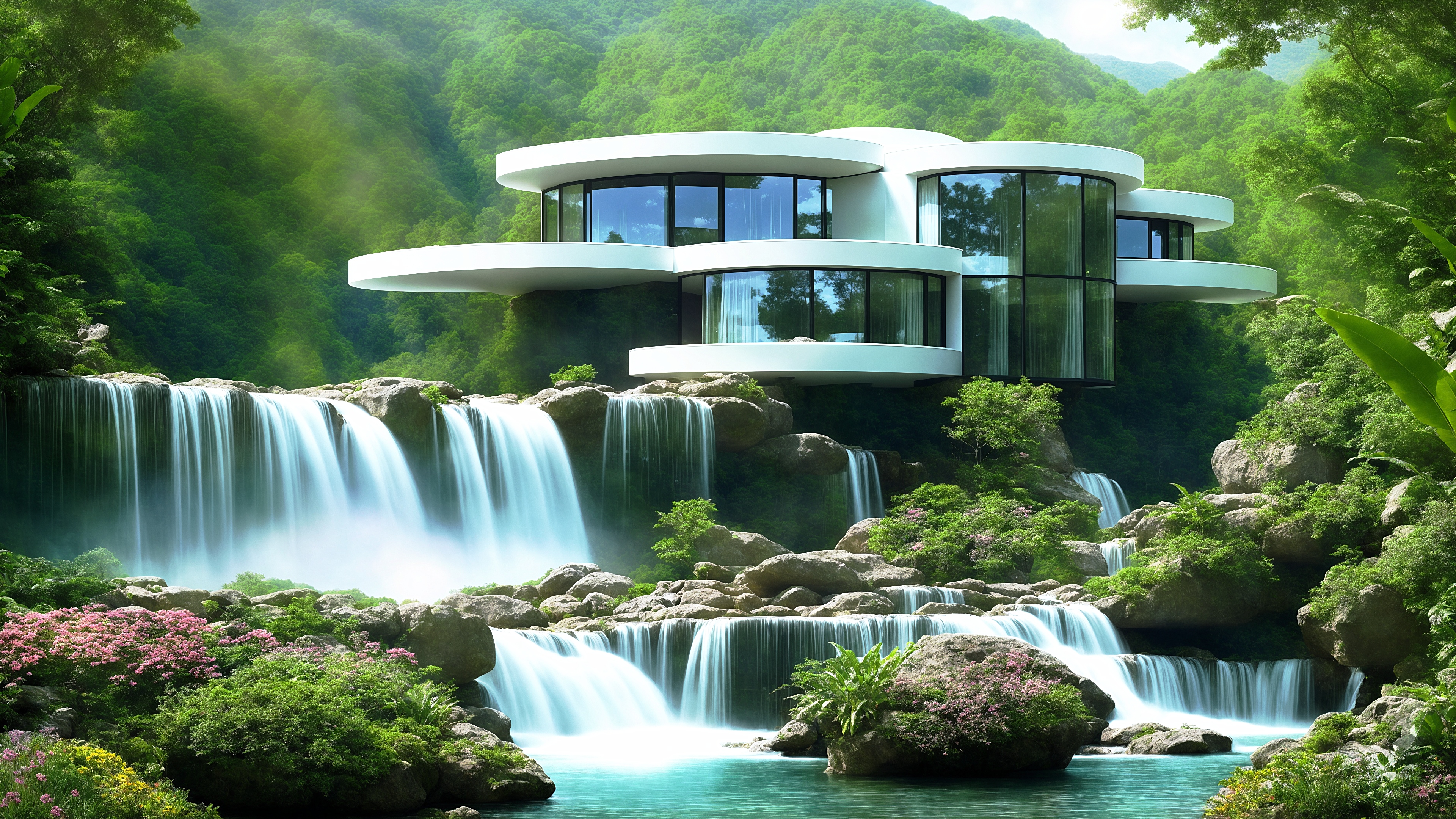 带大窗户的美丽别墅建在森林中的瀑布旁