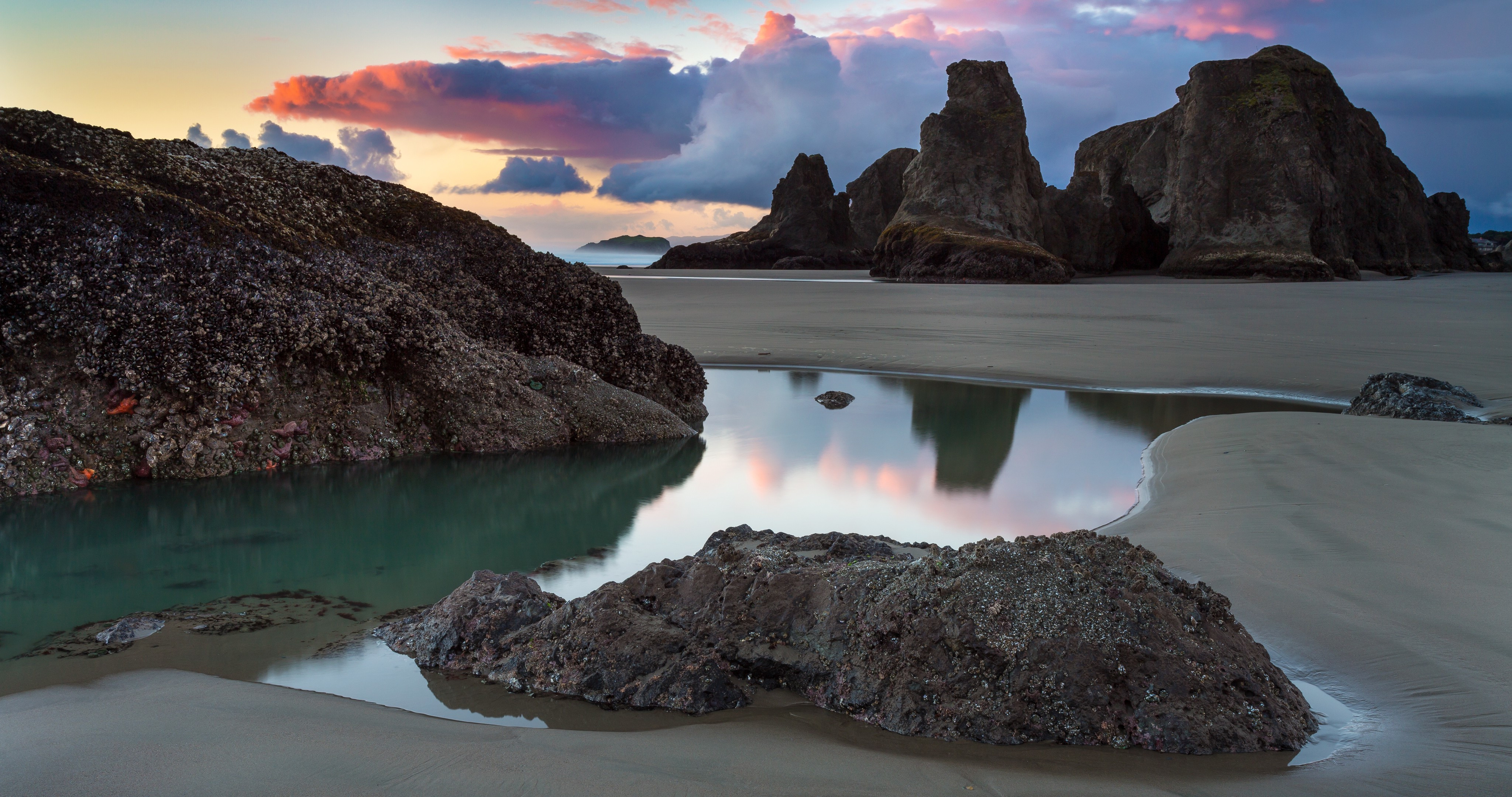 Free photo After the low tide exposed the sandy shore with rocks