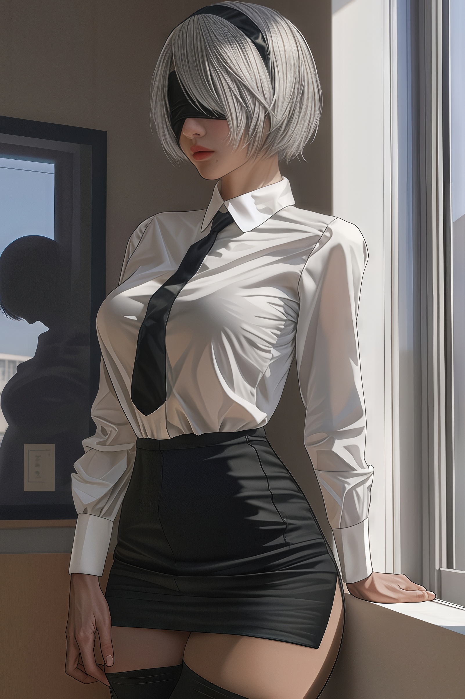 2B из Nier: Automata в белой рубашке и черной юбке стоит у окна.