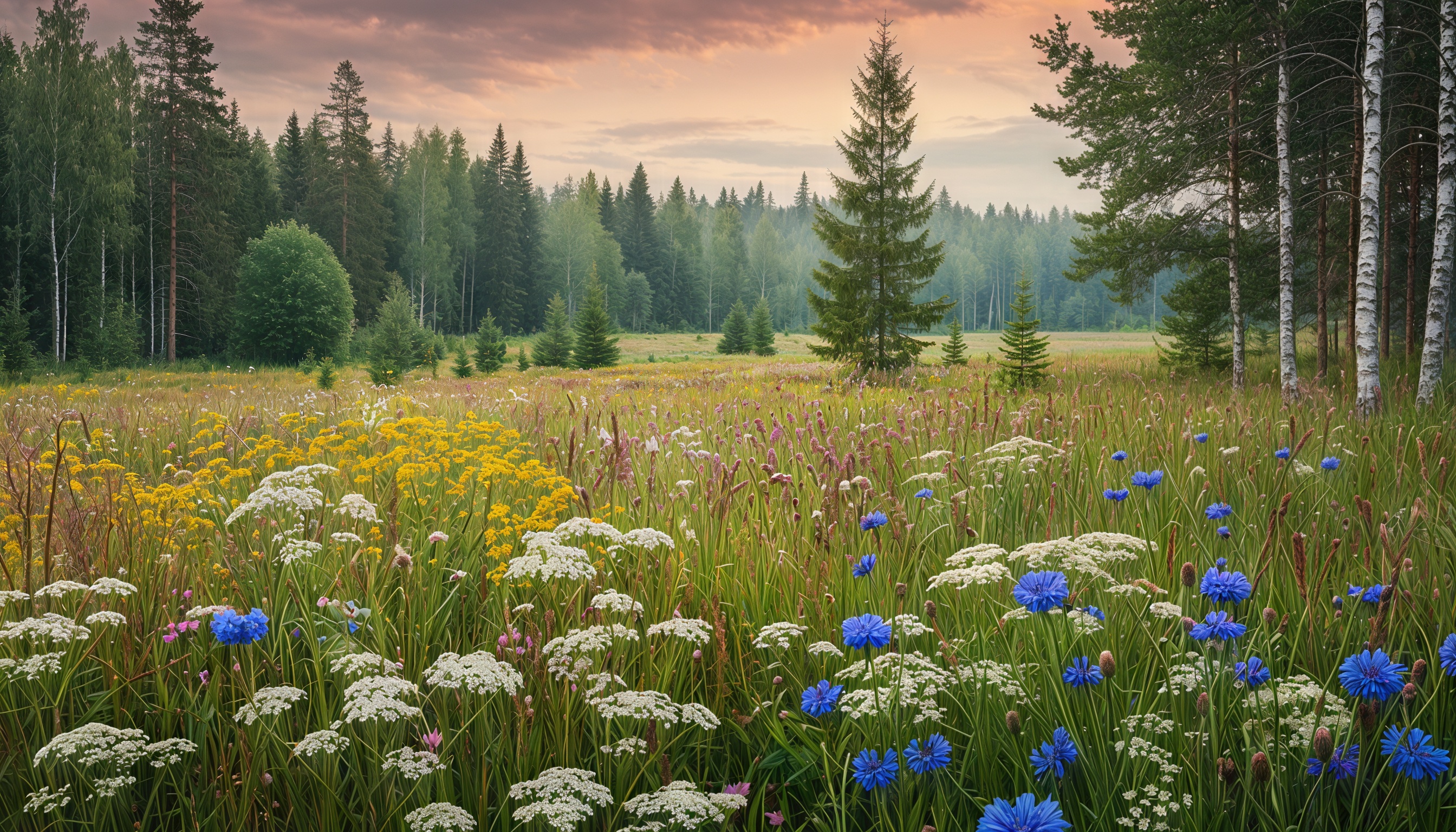 Бесплатное фото Поле с цветами и васильками на фоне леса и закатного неба, стилизованное под цифровую живопись.