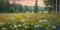 Поле с цветами и васильками на фоне леса и закатного неба, стилизованное под цифровую живопись.