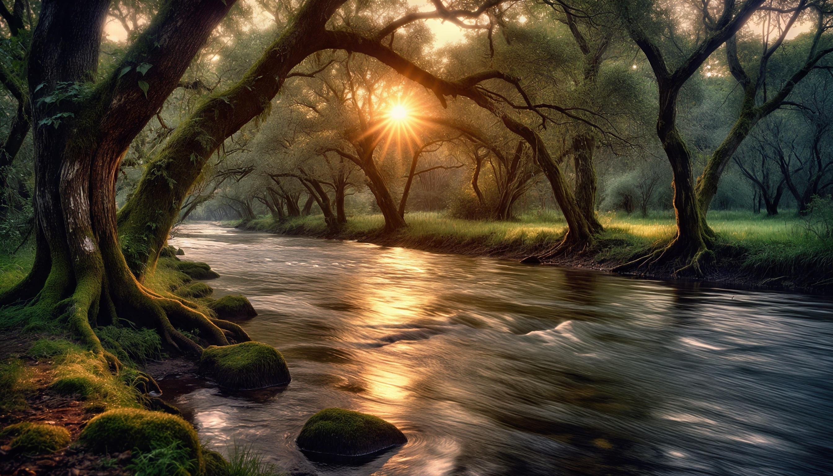 Бесплатное фото Солнечные лучи играют в кронах над лесной рекой.