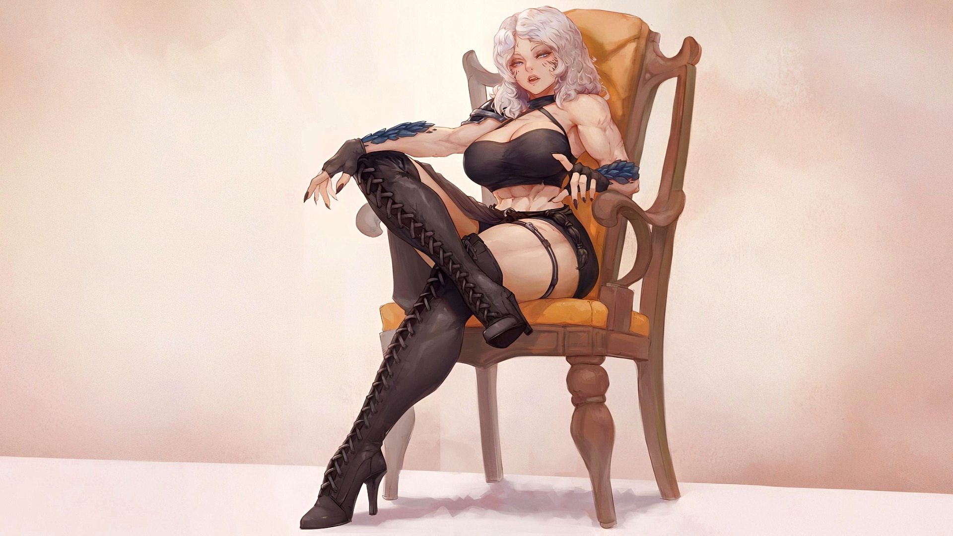 A blonde girl is sitting in a chair against a light background.