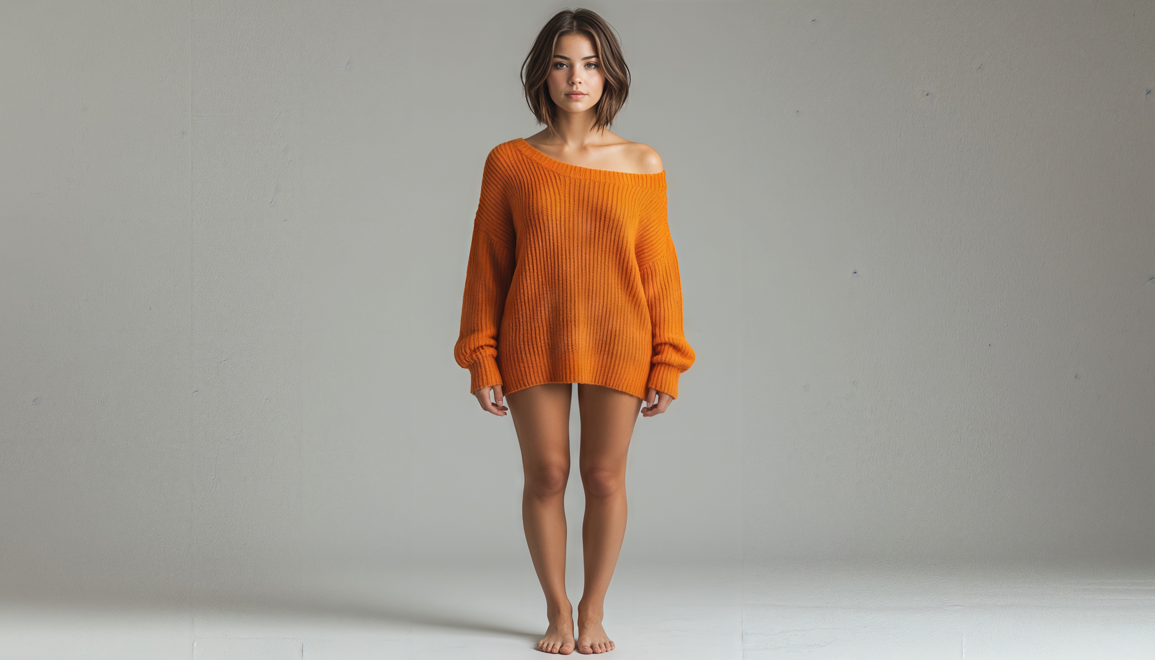 Бесплатное фото Девушка в объёмном оранжевом свитере с открытыми плечами на светлом фоне.