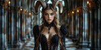 Мистическая красавица с рогами среди колонн старинного зала.