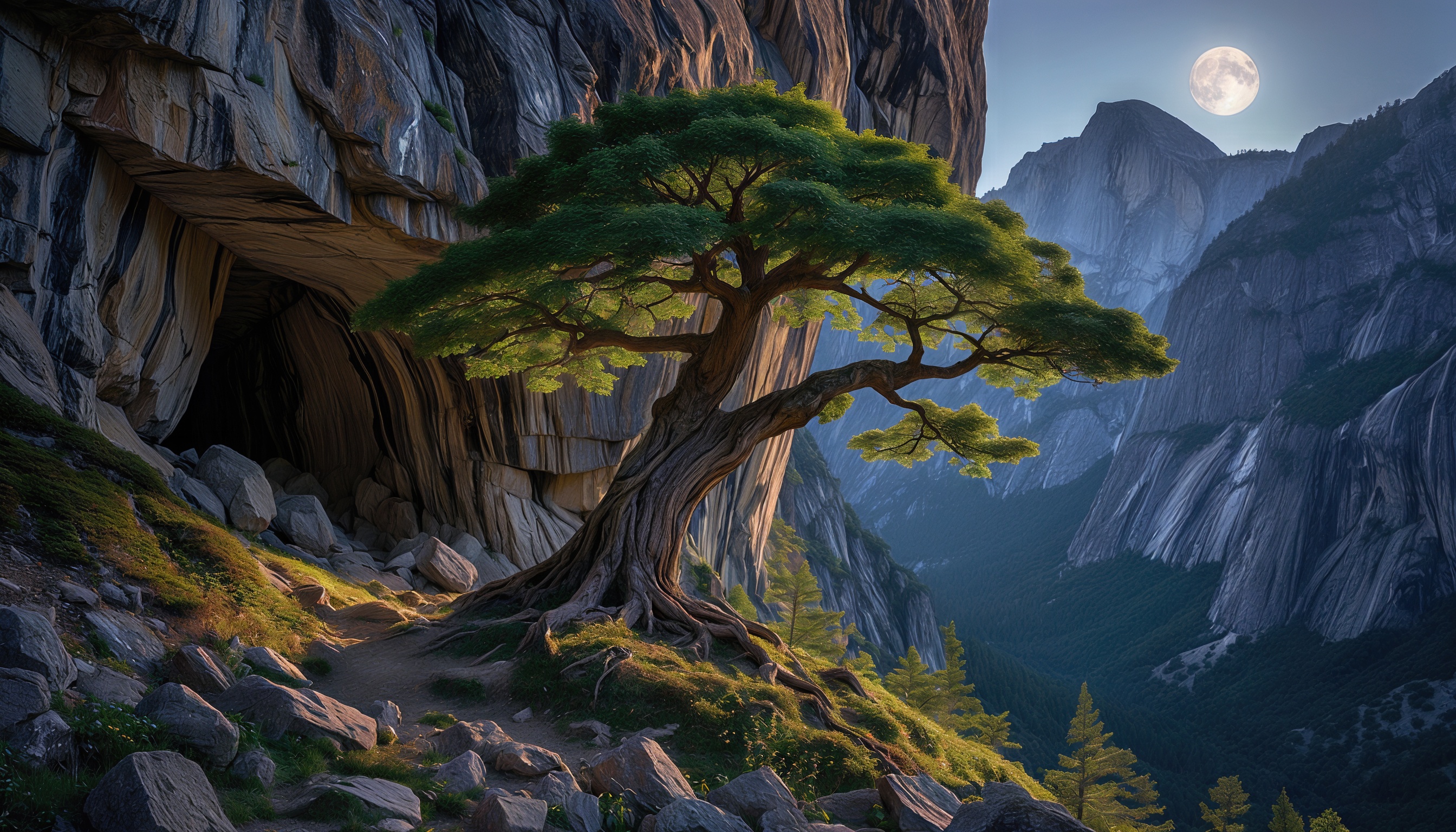 Бесплатное фото Могучий кедр сторожит пещеру в скале, купаясь в лунном свете, а горы шепчут древние тайны в серебристой дымке.