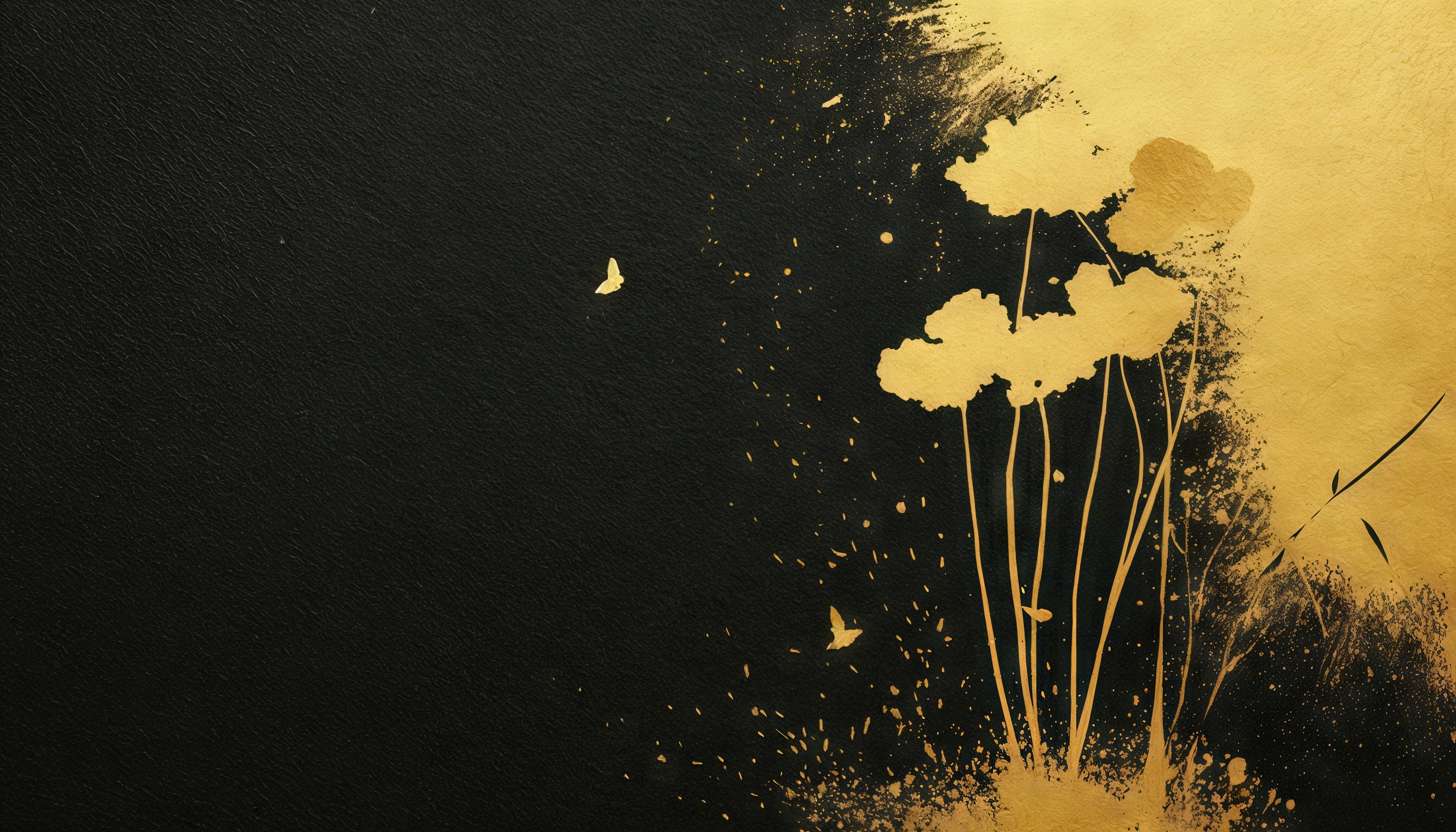 Бесплатное фото Абстрактная композиция: золотые цветы и бабочки в темноте.