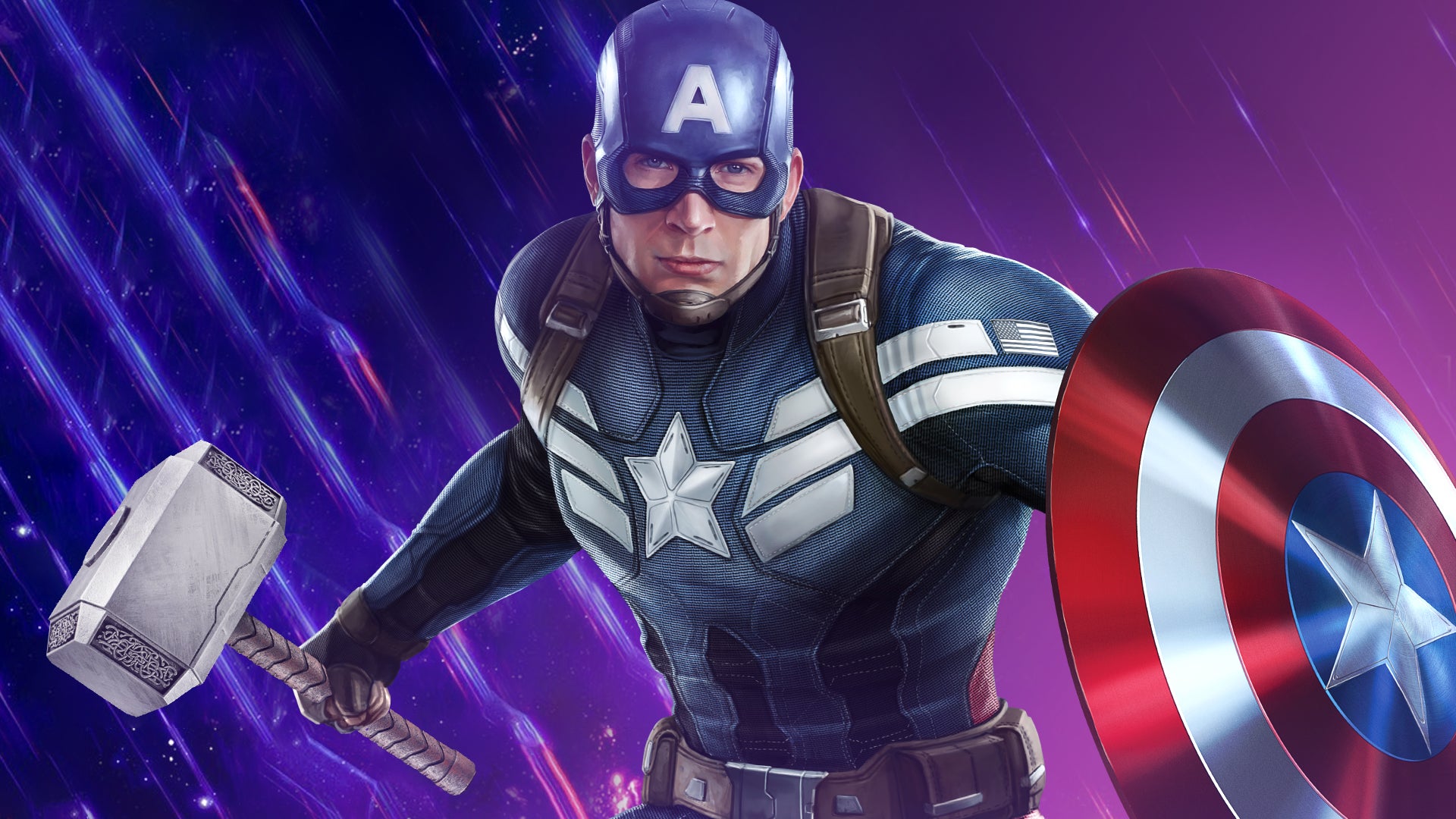 Captain America on a purple background with a hammer.