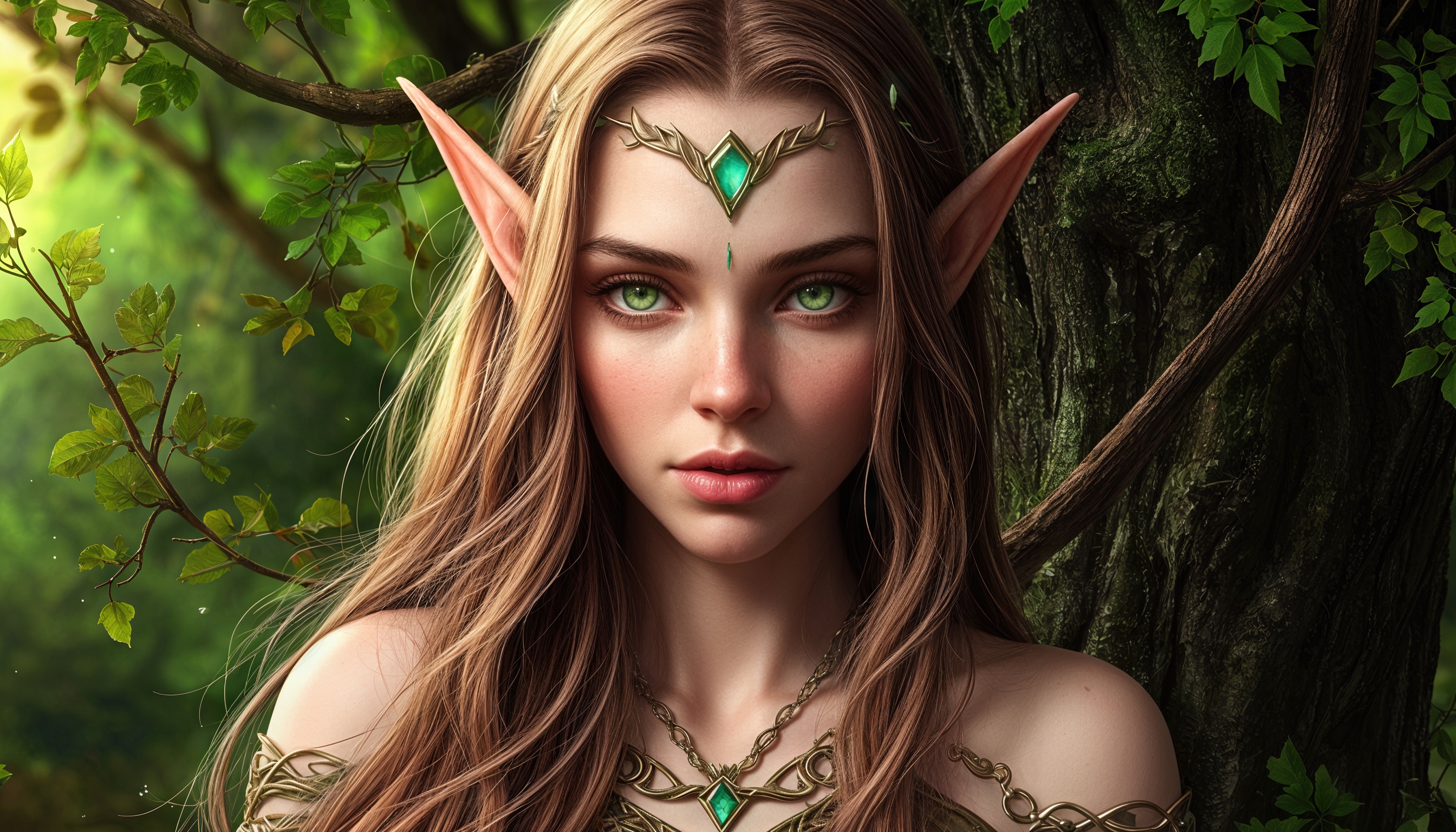 Бесплатное фото Эльфийка с длинными волосами и зелёными глазами, в зелёных украшениях и с зелёным драгоценным камнем на лбу.