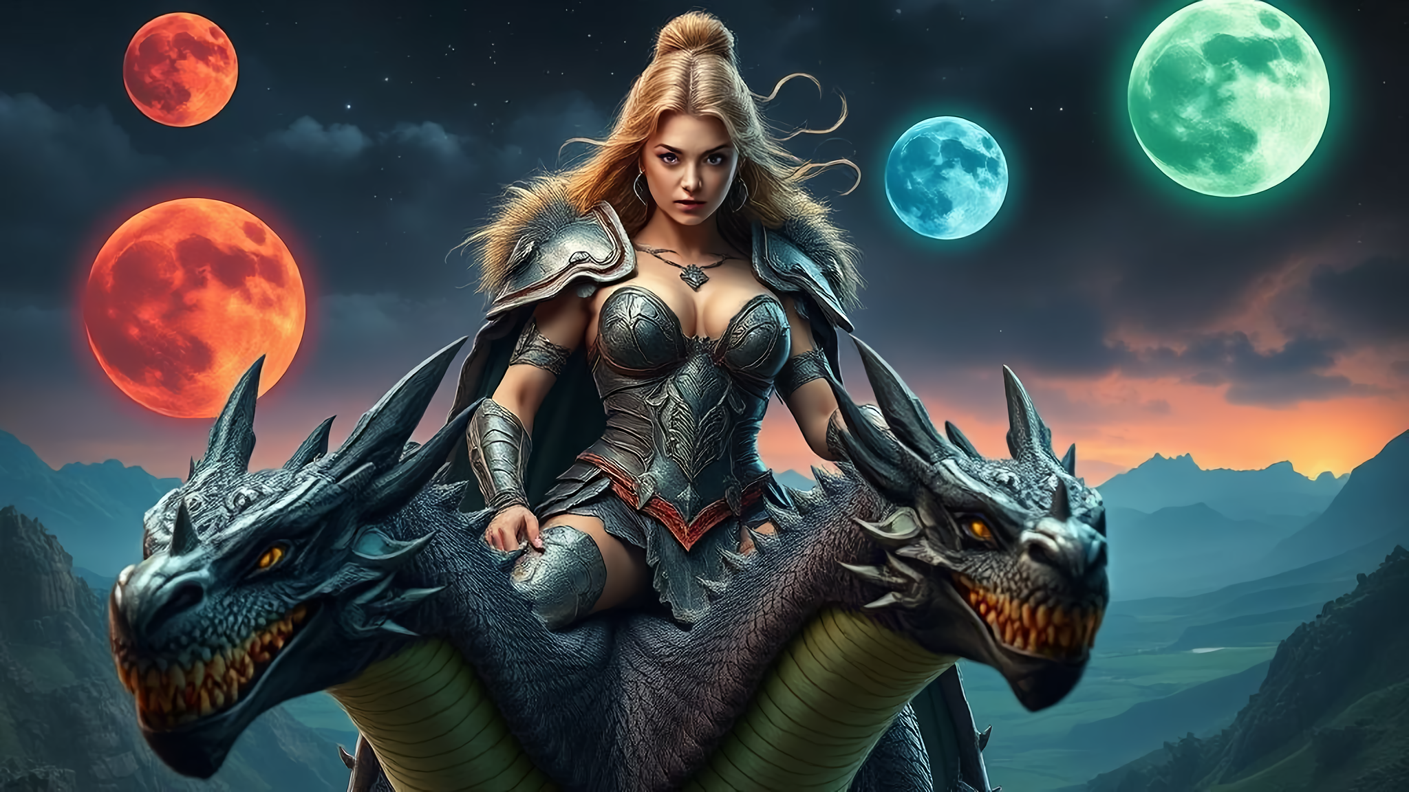 Free photo A girl riding a dragon against a backdrop of four moons