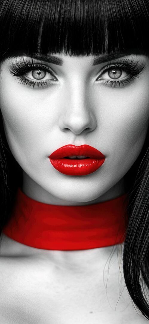 Бесплатное фото Девушка с ярко выделенными чертами, в частности, с красными губами и воротником, на фоне черно-белой шахматной клетки.