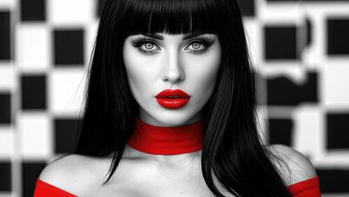Бесплатное фото Девушка с ярко выделенными чертами, в частности, с красными губами и воротником, на фоне черно-белой шахматной клетки.