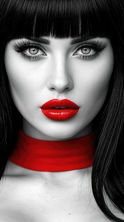 Бесплатное фото Девушка с ярко выделенными чертами, в частности, с красными губами и воротником, на фоне черно-белой шахматной клетки.