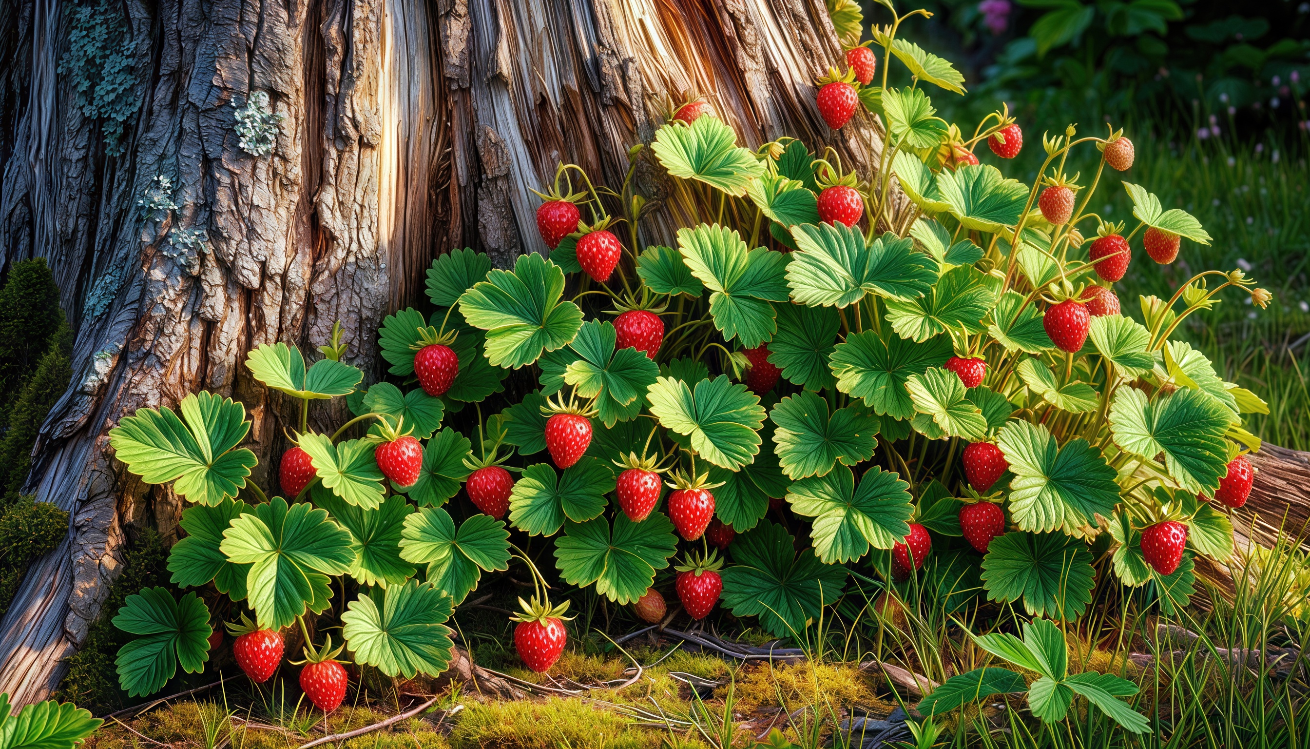 Клубничные кусты с красными ягодами растут у основания старого дерева.