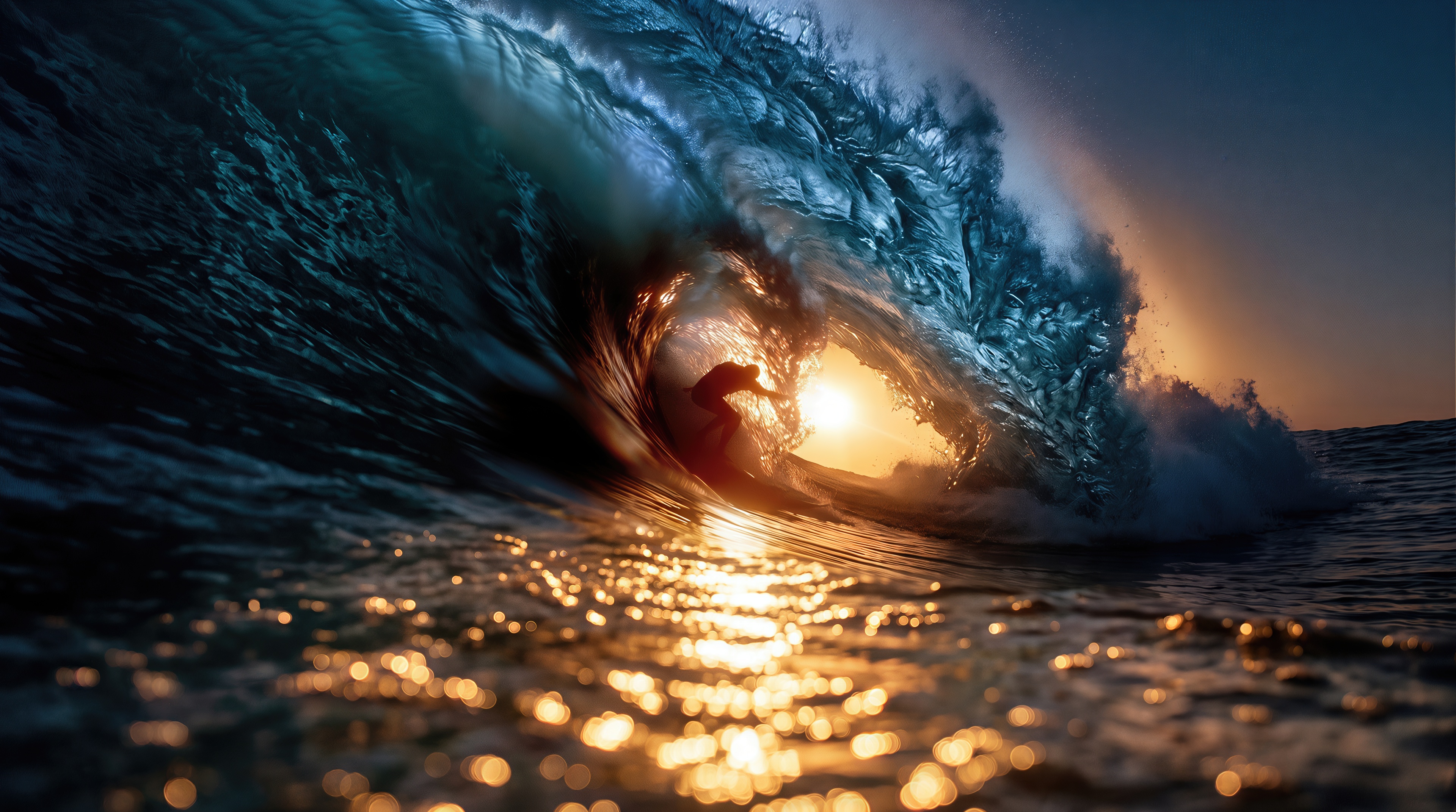 Free photo The silhouette of a brave surfer glides inside a huge swirling wave in the golden rays of the setting sun.