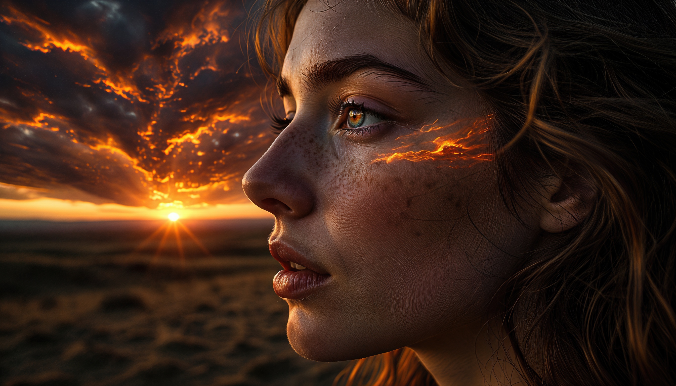 Бесплатное фото Закат рисует огненные узоры на щеке девушки.