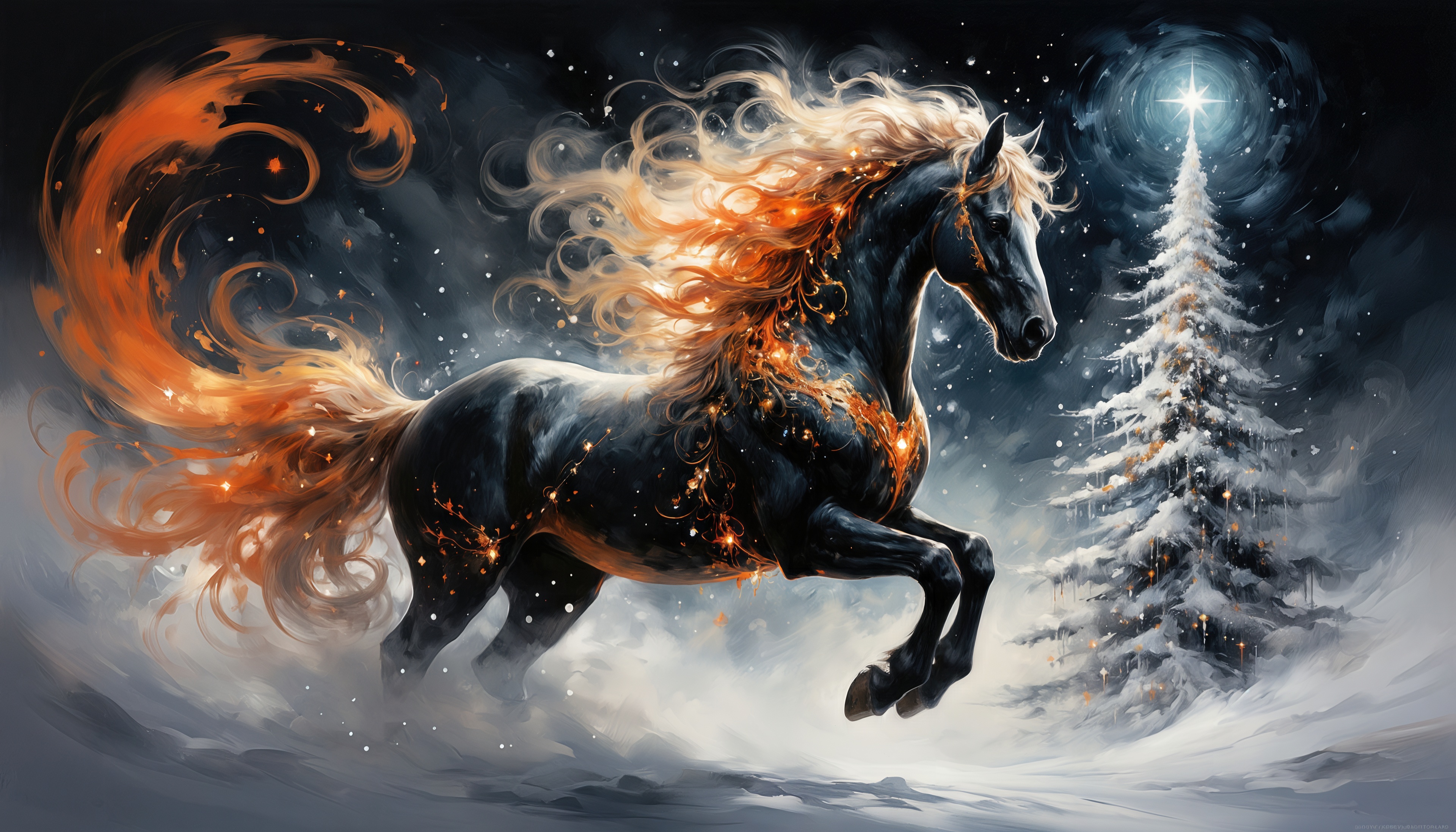 Огненная лошадь мчится мимо заснеженной ёлки под звёздным небом.